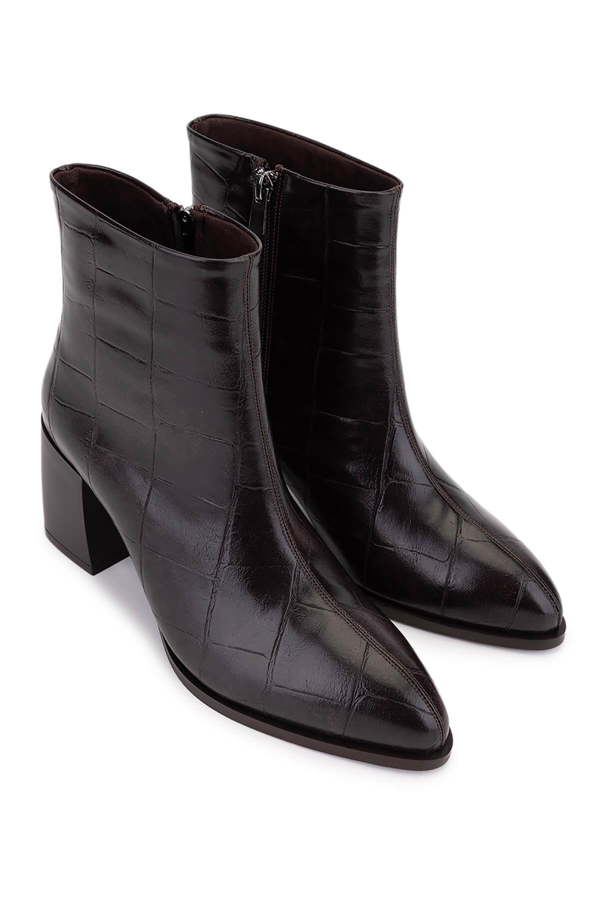 Tamer Tanca Kadın Suni Deri Kahverengi Kroko Topuklu Bot