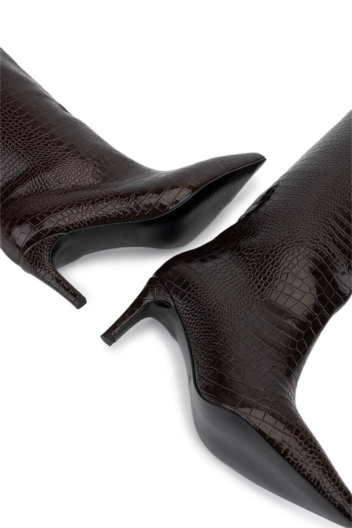 Tamer Tanca Kadın Suni Deri Kahverengi Kroko Topuklu Çizme