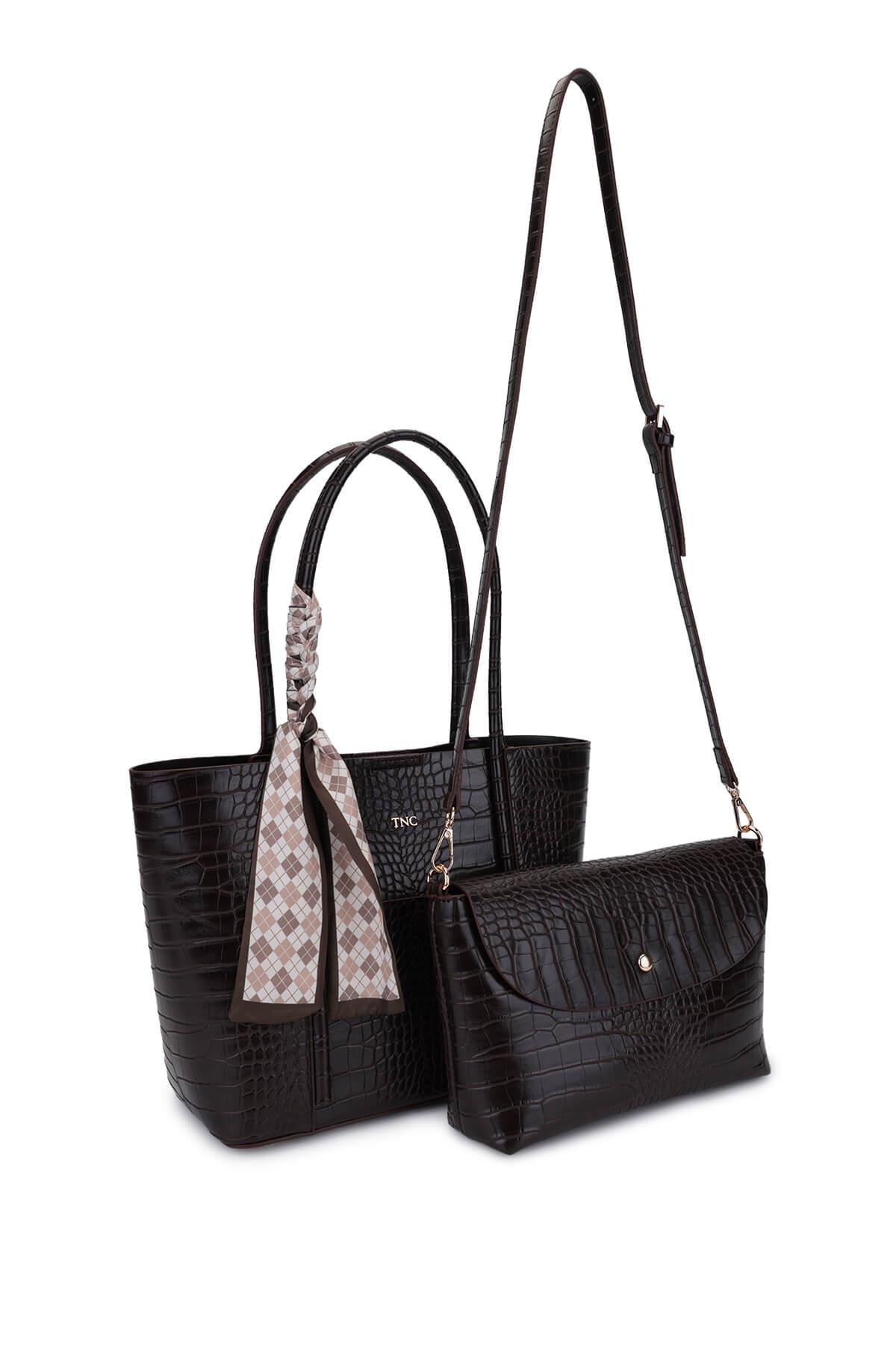 Tamer Tanca Kadın Suni Deri Kahverengi Kroko Omuz Çanta