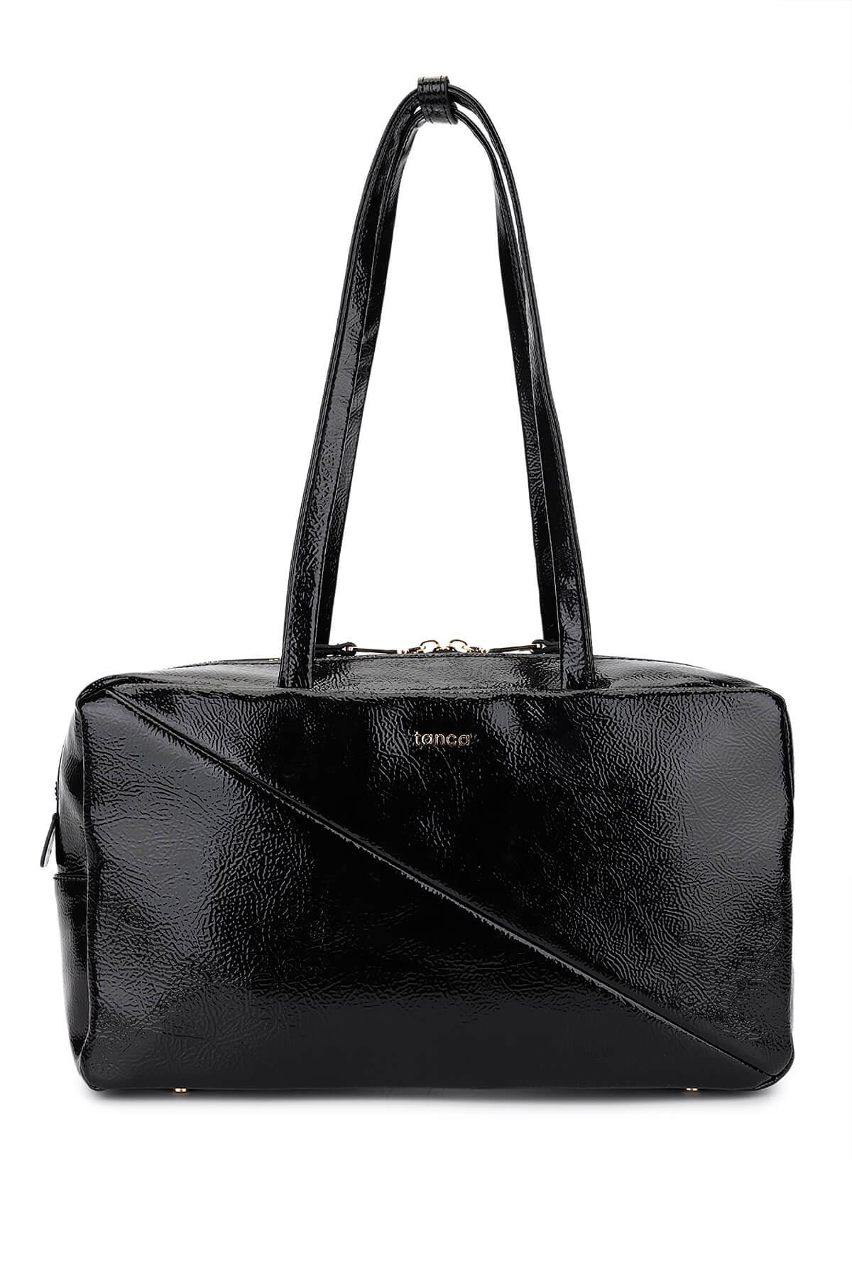 Tamer Tanca Kadın Suni Deri Siyah Kırışık Rugan Kol Çantası