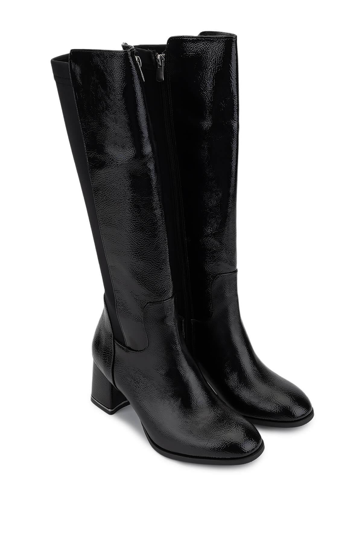 Tamer Tanca Kadın Suni Deri Siyah Rugan Topuklu Çizme