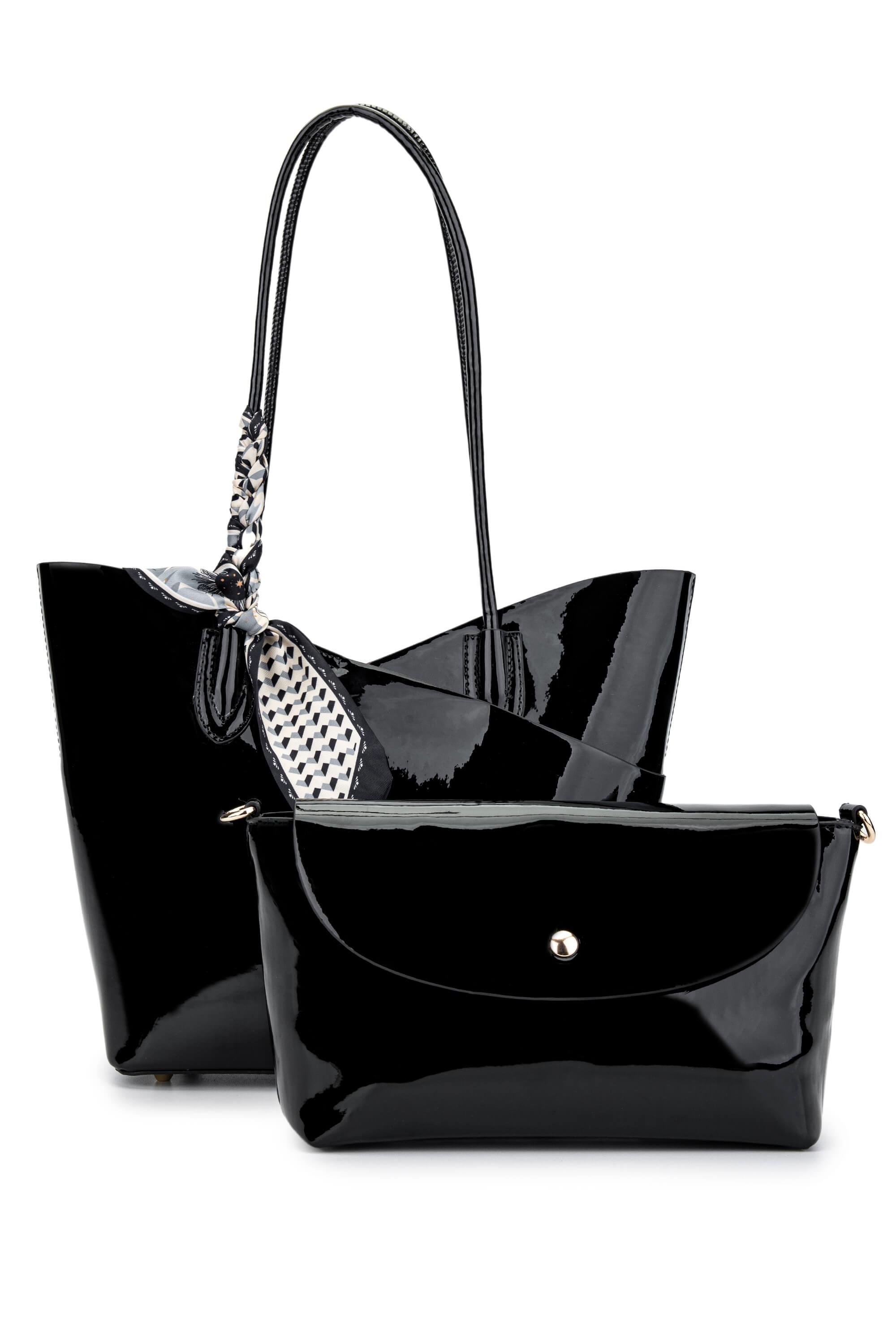 Tamer Tanca Kadın Suni Deri Siyah Rugan Kol Çantası