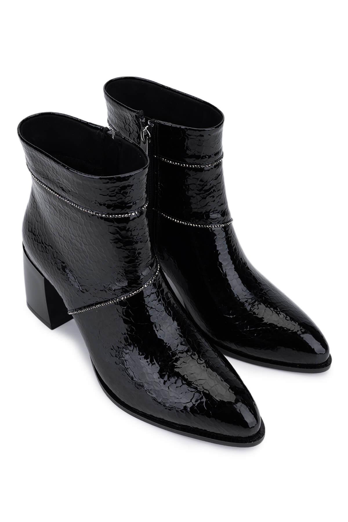 Tamer Tanca Kadın Suni Deri Siyah Rugan Topuklu Bot