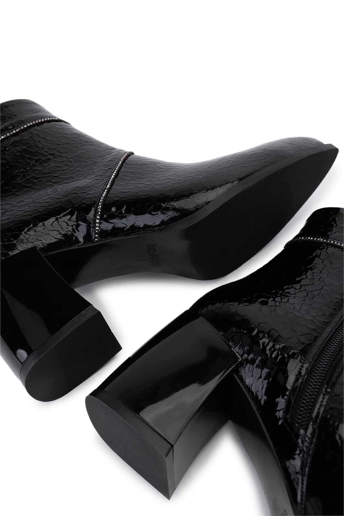 Tamer Tanca Kadın Suni Deri Siyah Rugan Topuklu Bot