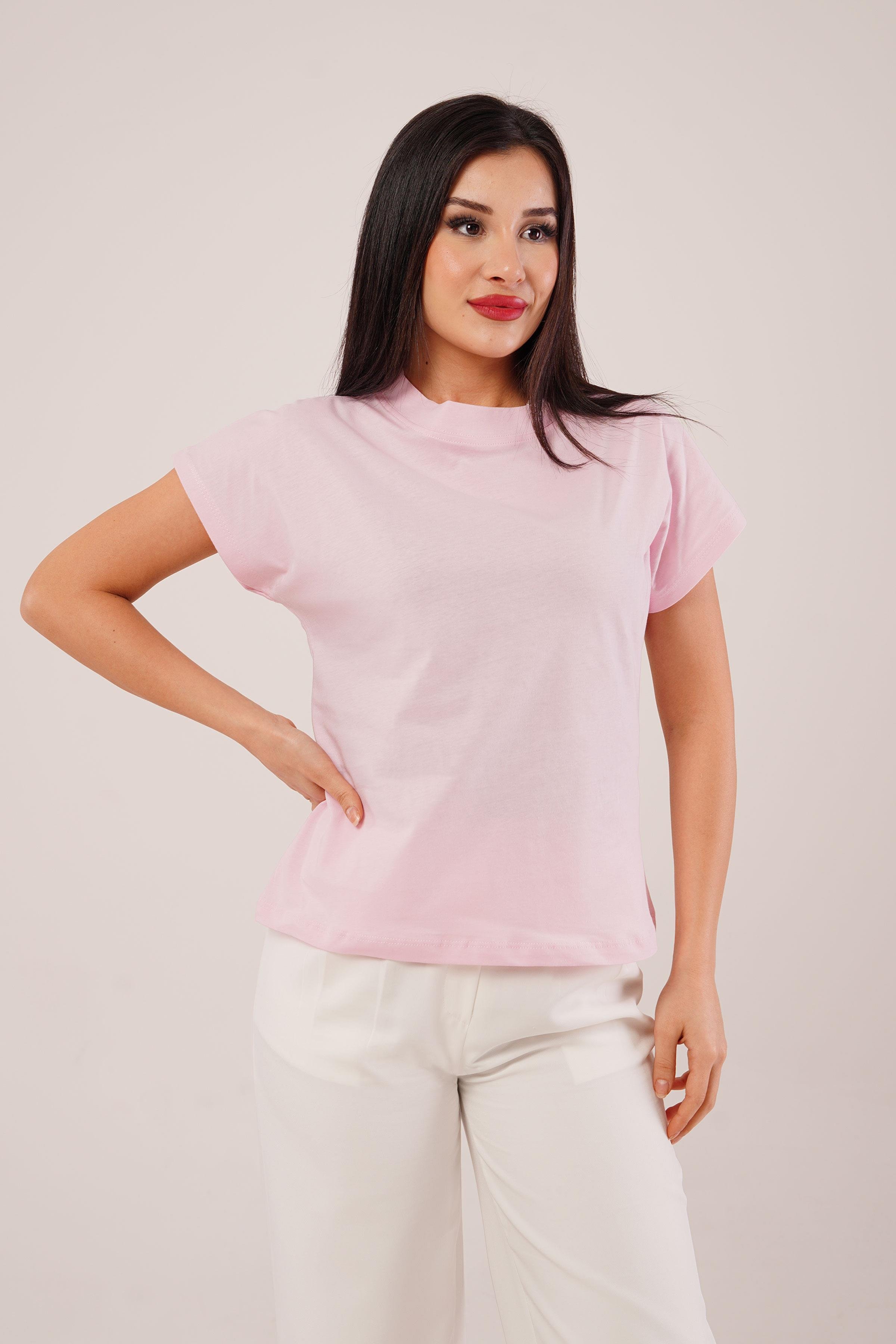 Dik Yaka Kısa Kol Pembe Basic Tişört