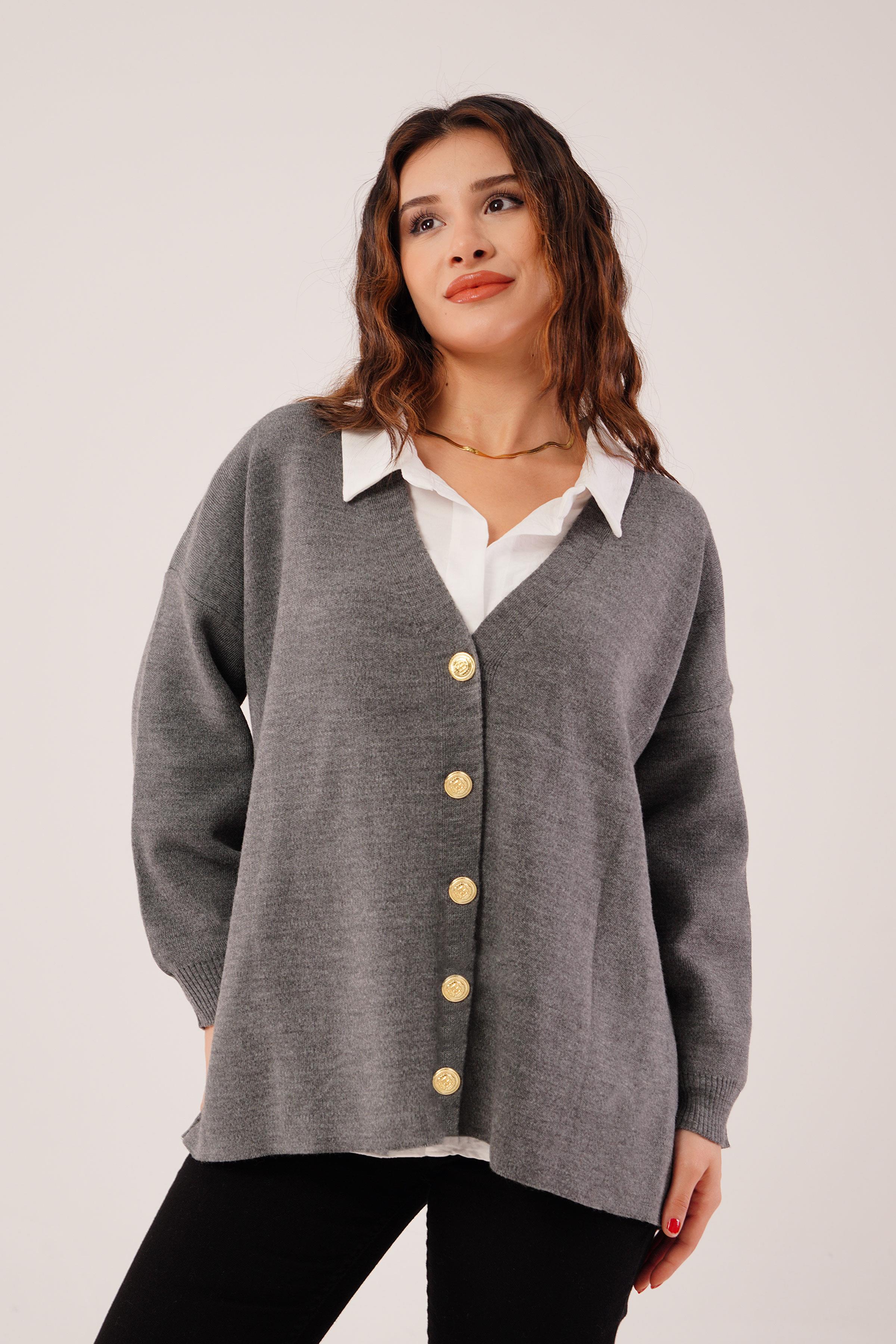 Gold Düğmeli V Yaka Basic Antrasit Triko Hırka