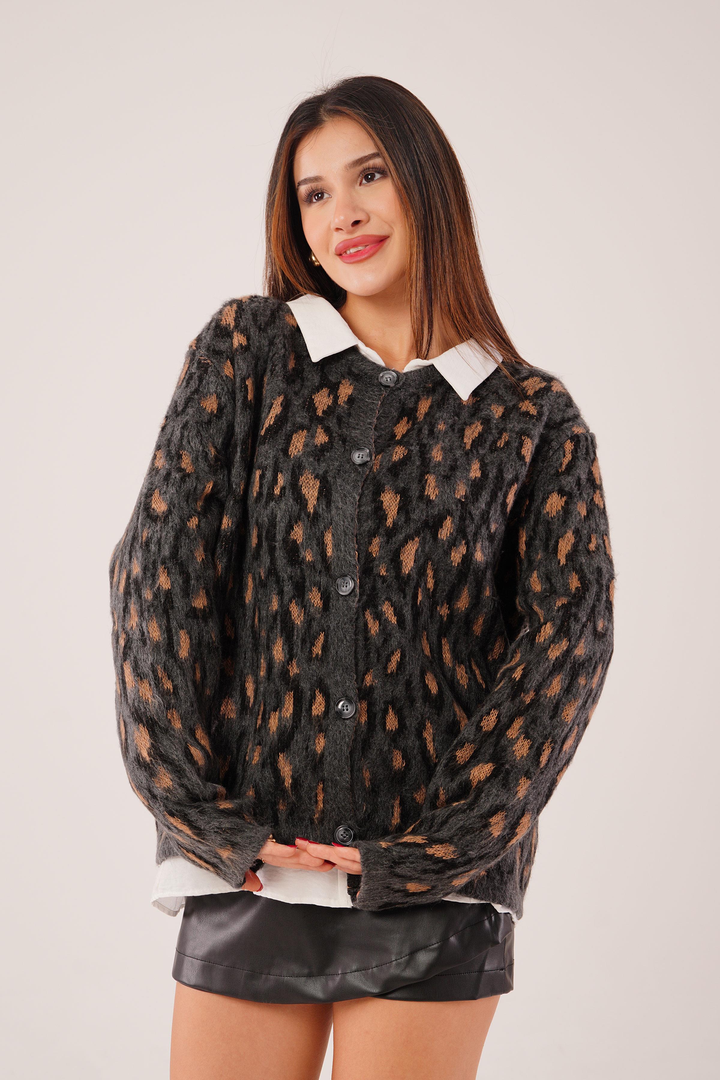 Leopar Desen Düğmeli Camel Triko Hırka