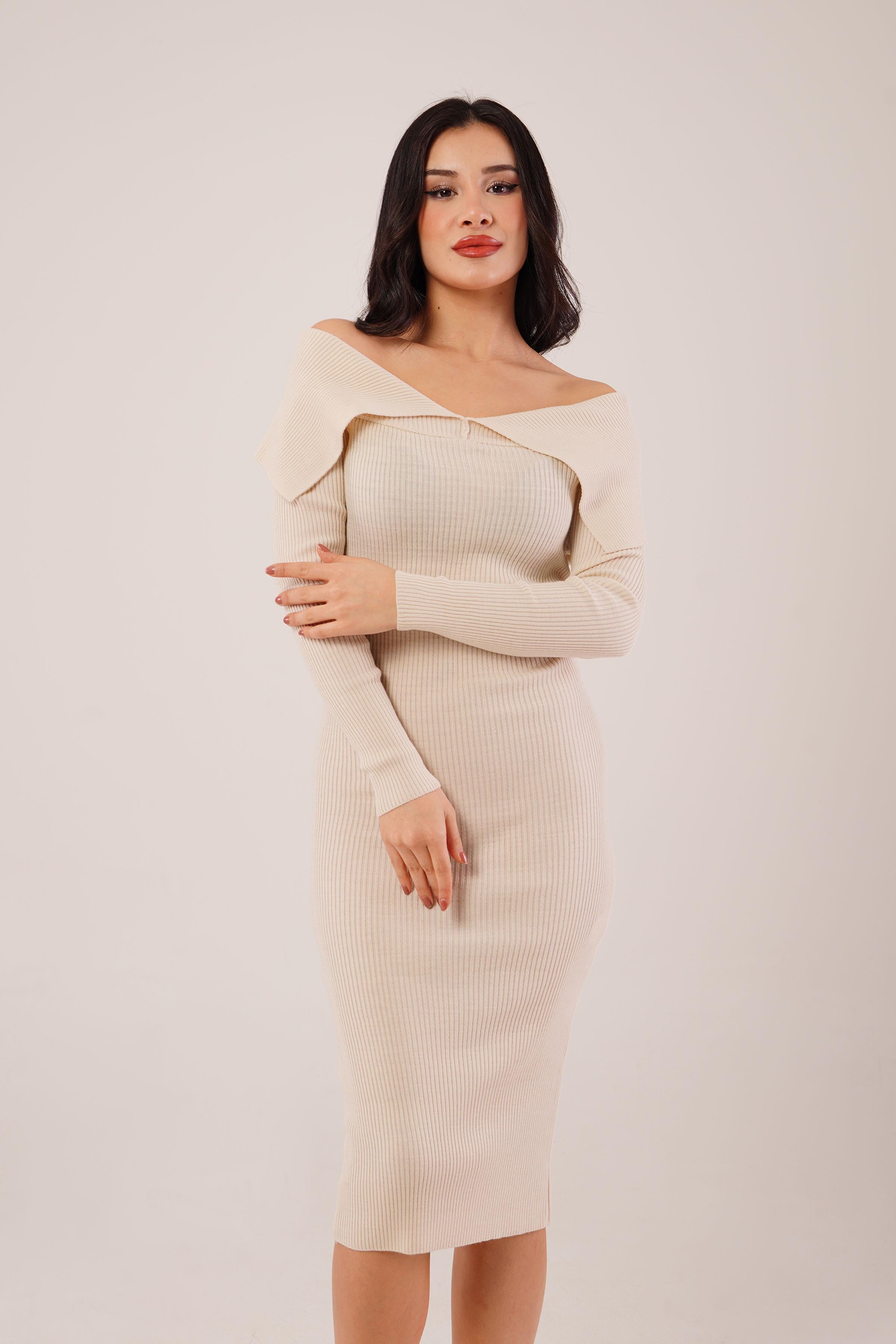 Omuz Dekolteli Midi Bej Triko Elbise