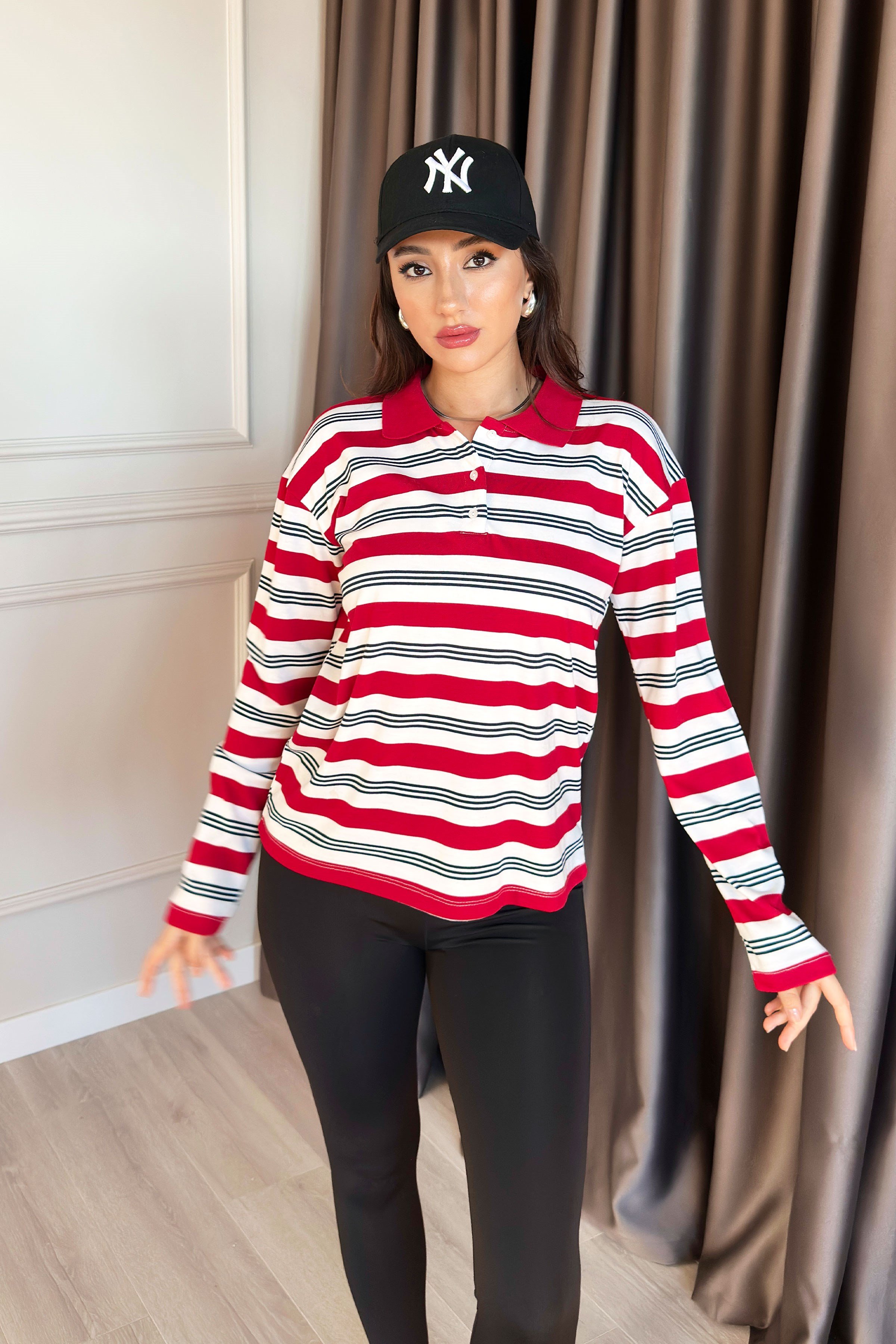 Polo Yaka Loose Fit Kırmızı Çizgili Sweatshirt