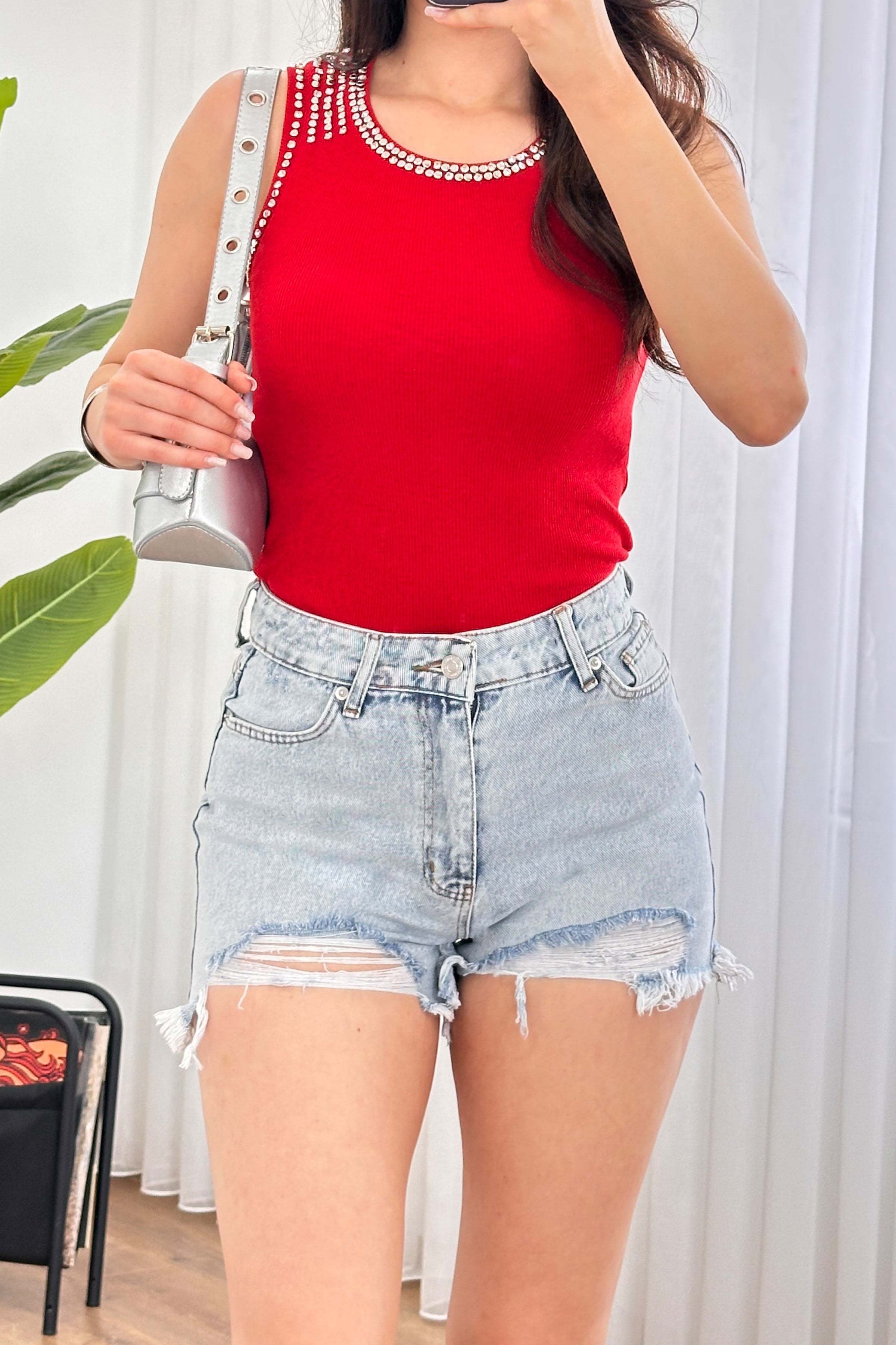 Yüksek Bel Distressed Kot Mavi Denim Şort