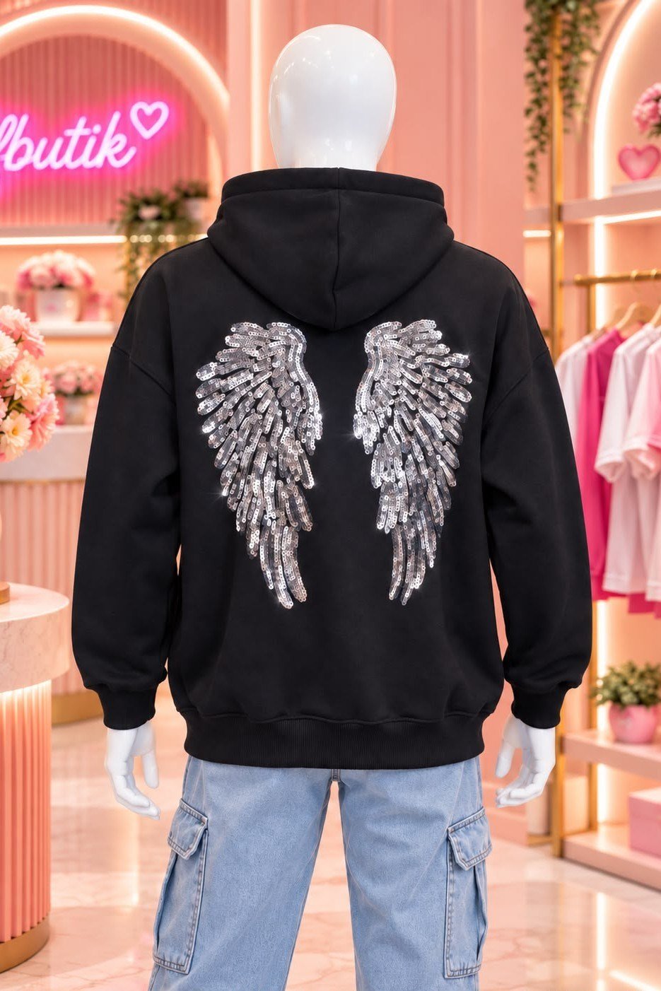  Siyah Unisex  Pul Payet Kanat Desenli Oversize Kapüşonlu Sweatshirt