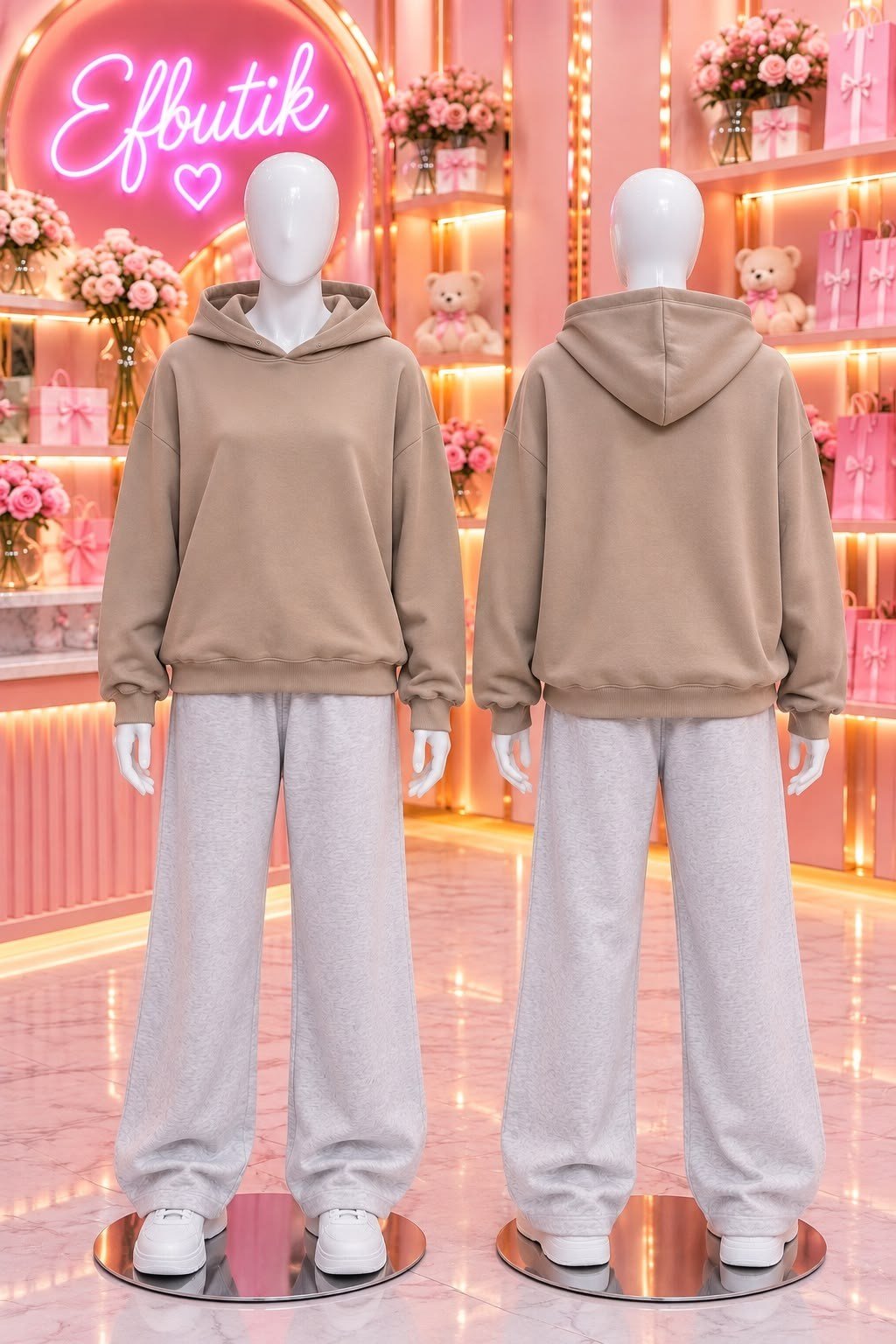Bej 2 İplik Basic Kapüşonlu Sweatshirt