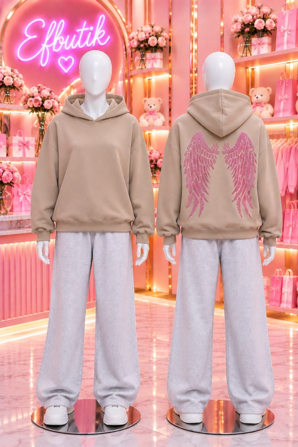Bej Sırt Baskılı Pembe Taş Kanat Kapüşonlu Sweatshirt