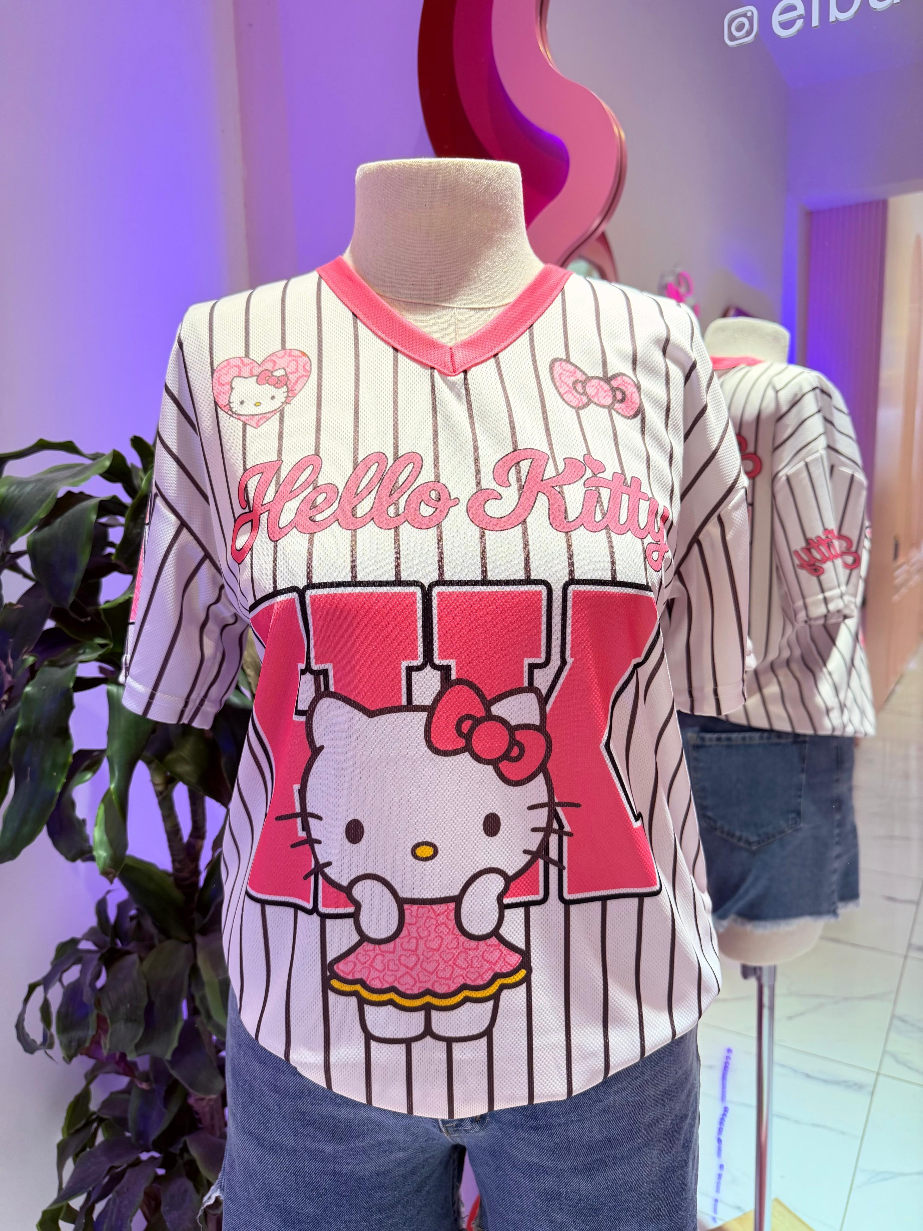 Beyaz V Yaka Kitty Çizgili Jersey T-Shirt 