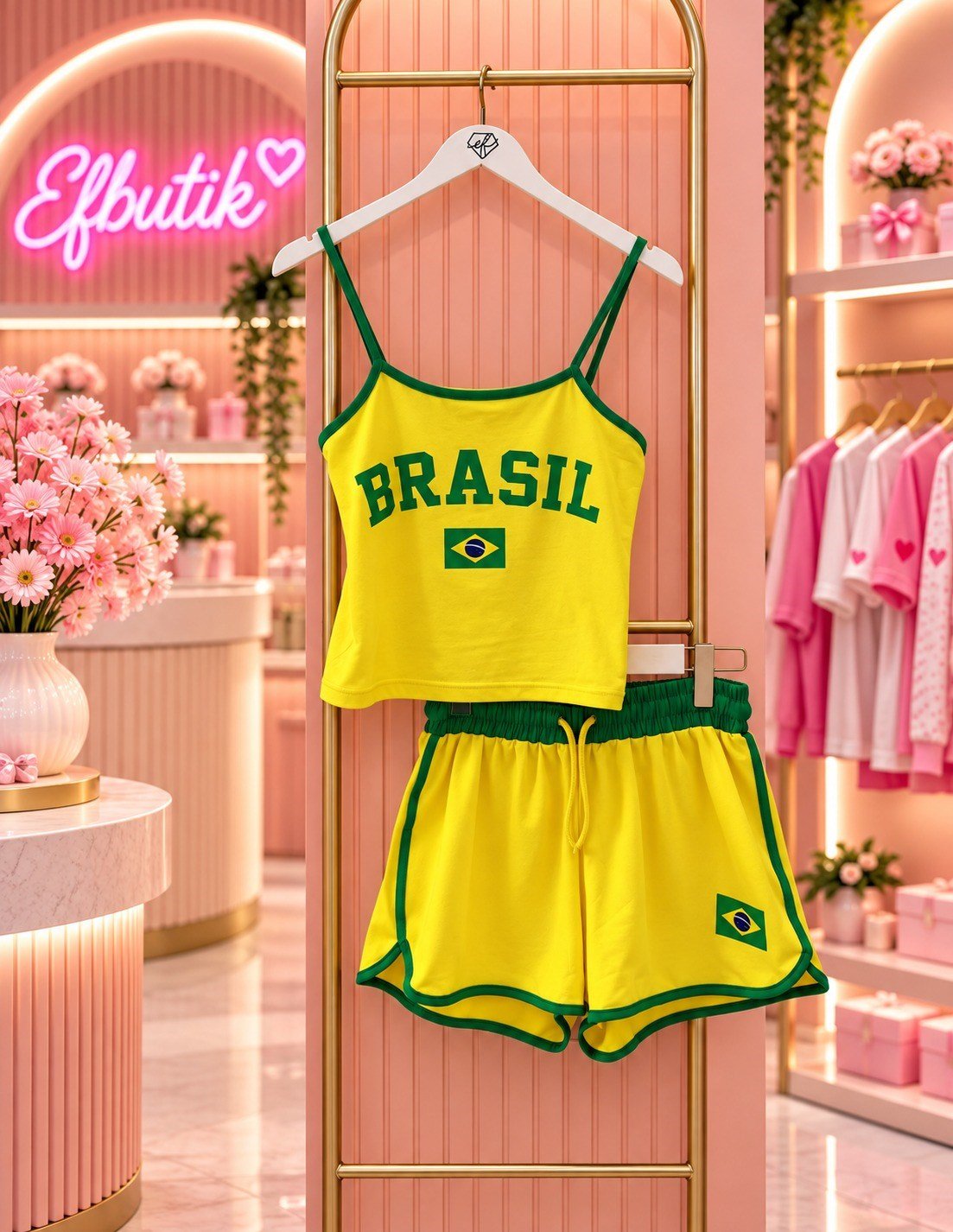 Brasil Baskılı Askılı Crop ve Şort Takım