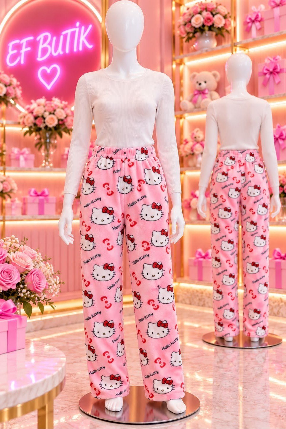 Pembe Peluş Hello Kitty Bol Paça Eşofman Altı 