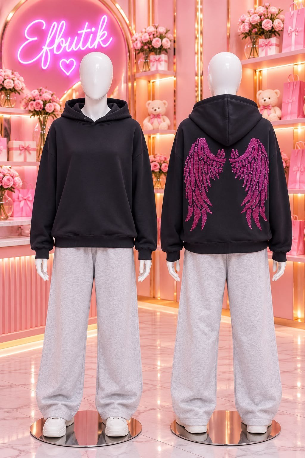 Siyah Sırt Baskılı Taş Kanat Kapüşonlu Sweatshirt