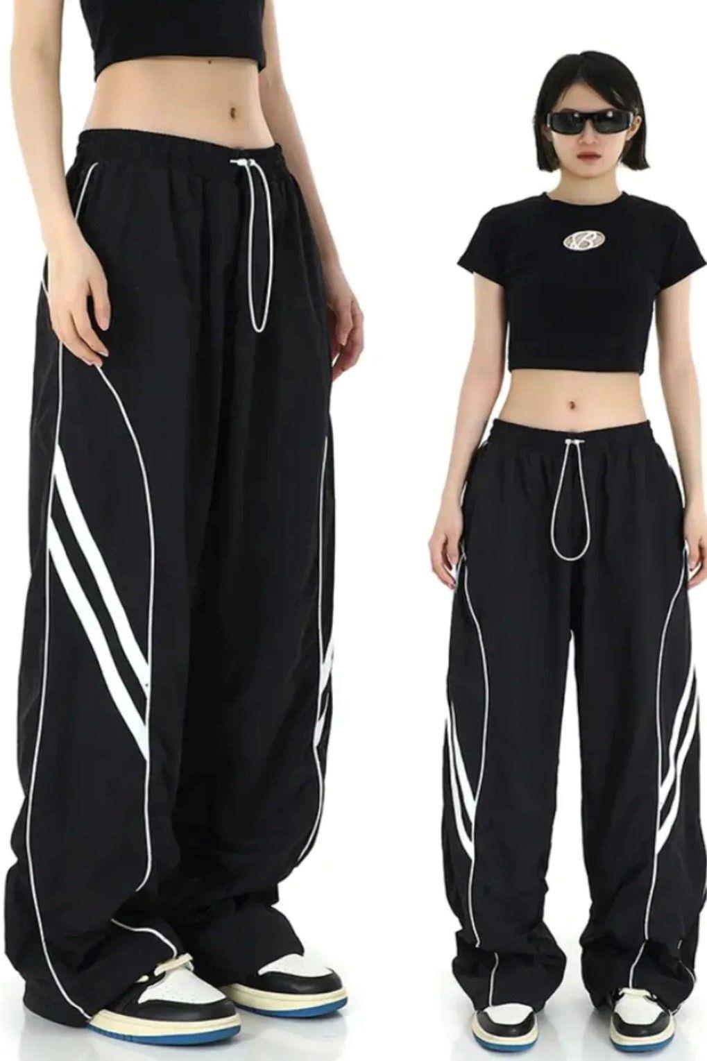 Siyah Y2K Vintage Çizgi Detaylı Baggy Eşofman Altı