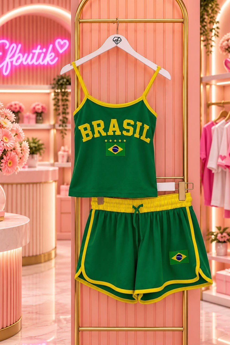 Yeşil Brasil Baskılı Askılı Crop ve Şort Takım
