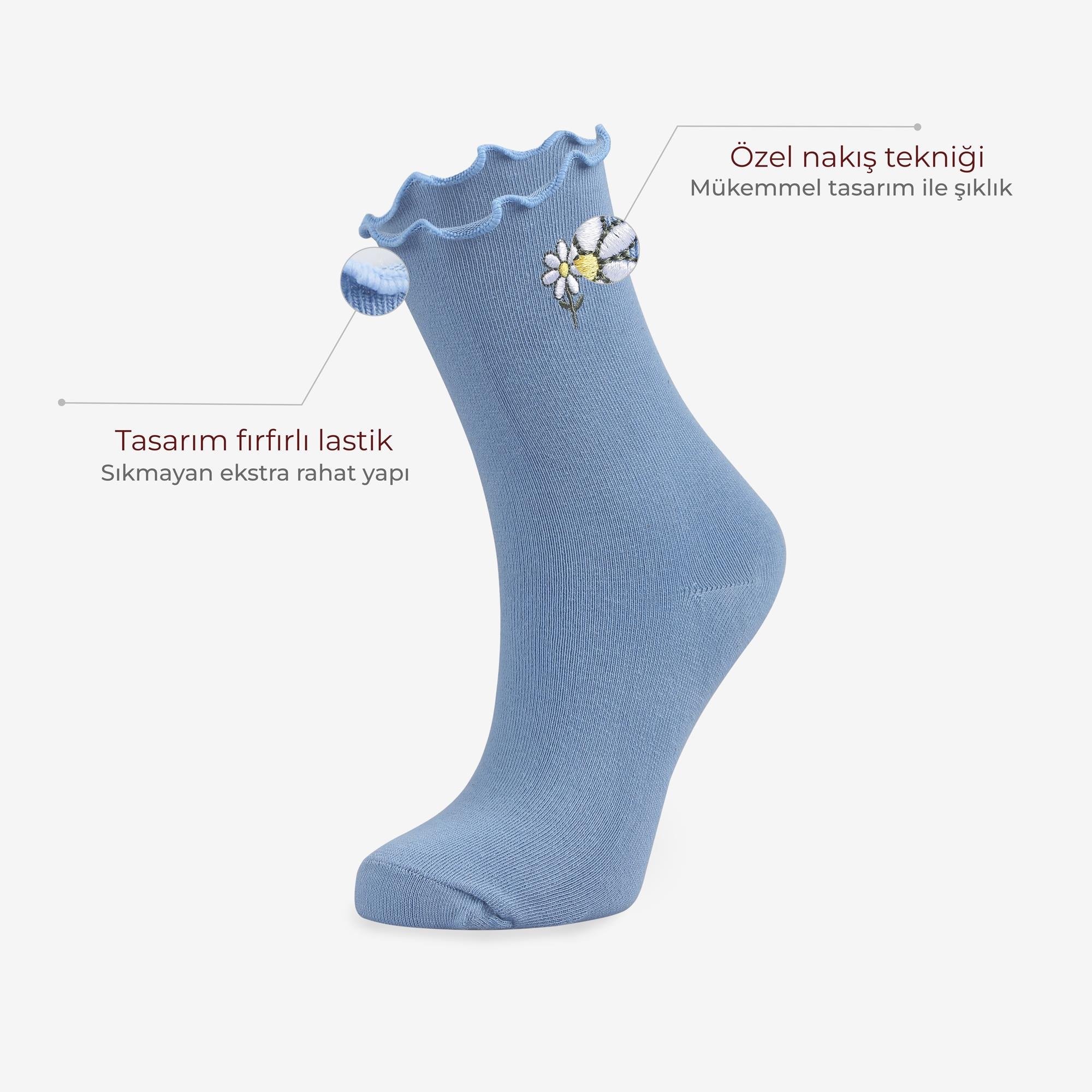 6'lı Papatya Nakışlı Fırfırlı Kadın Soket Çorap