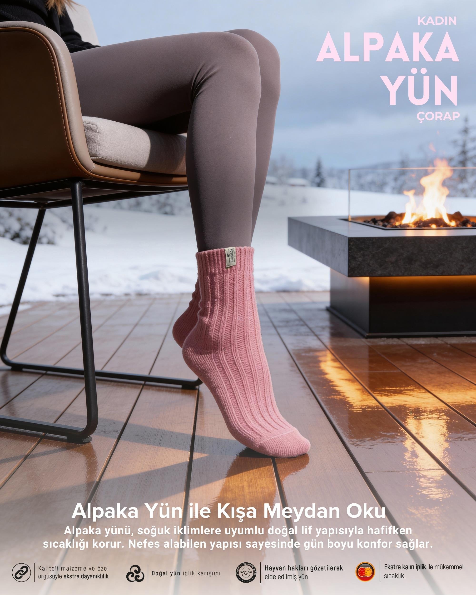 Kadın Alpaka Kışlık Yün Çorap Pembe