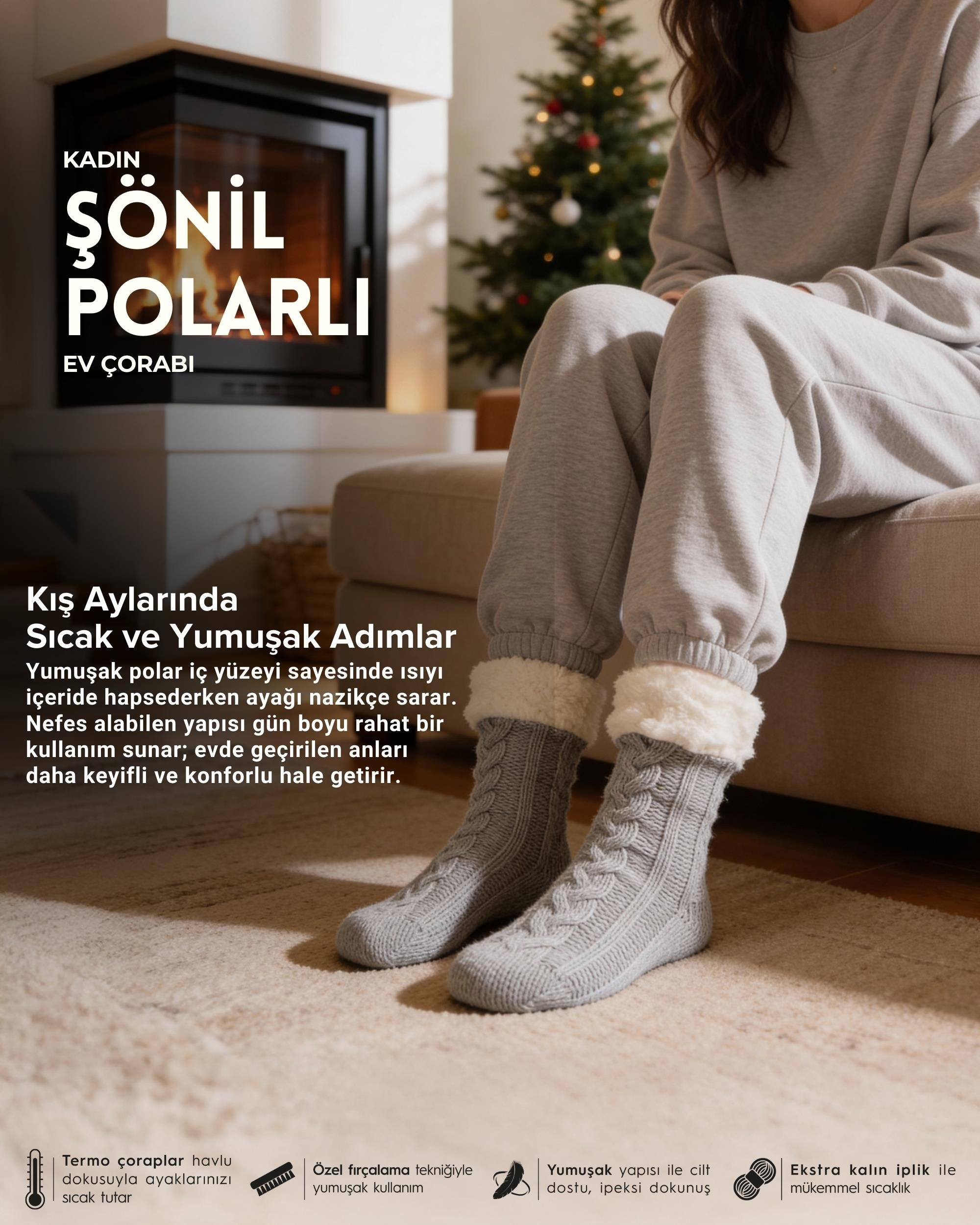 Kadın Şönil İçi Polarlı Ev Çorabı Gri
