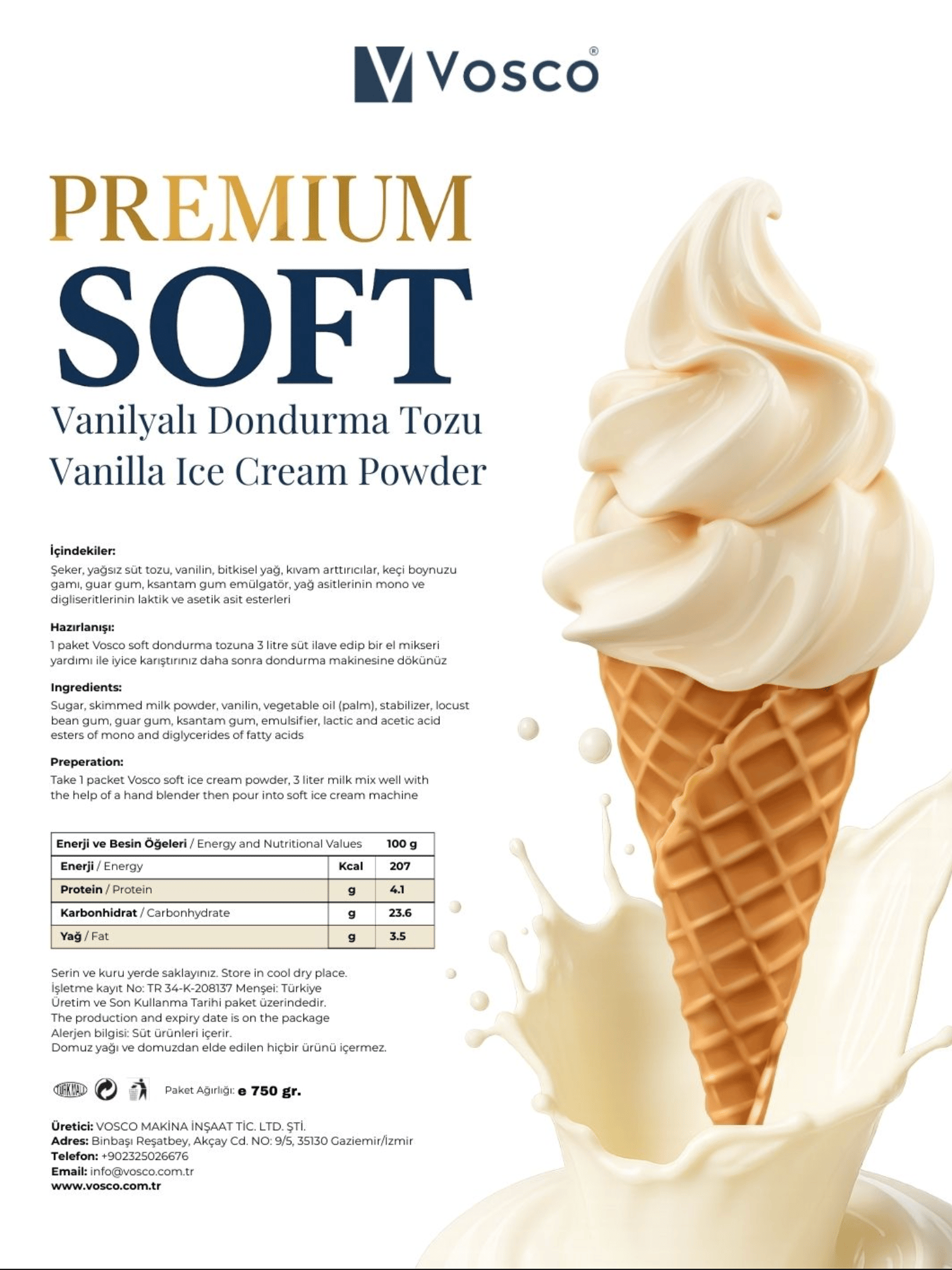 Premium Soft Vanilyalı Dondurma Tozu - Soft Dondurma Karışımı 750 g