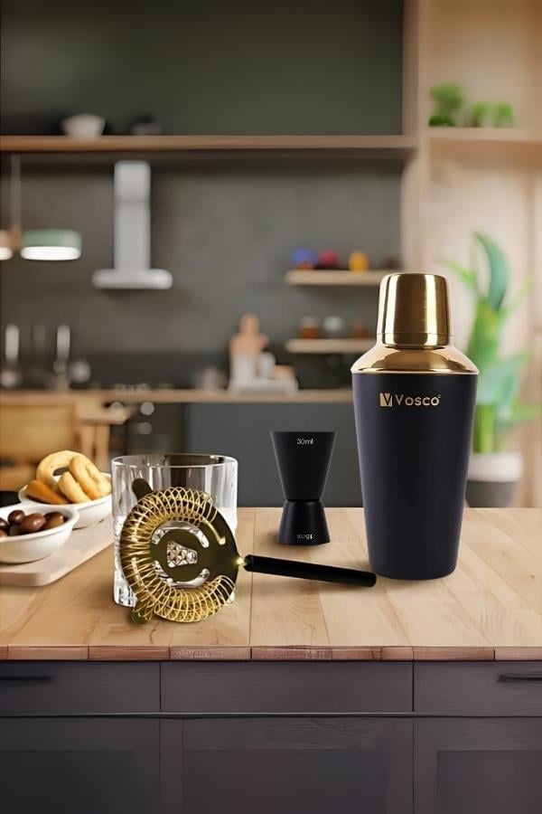 Vosco 3 Parça Paslanmaz Çelik Kokteyl Shaker Seti (Gold)