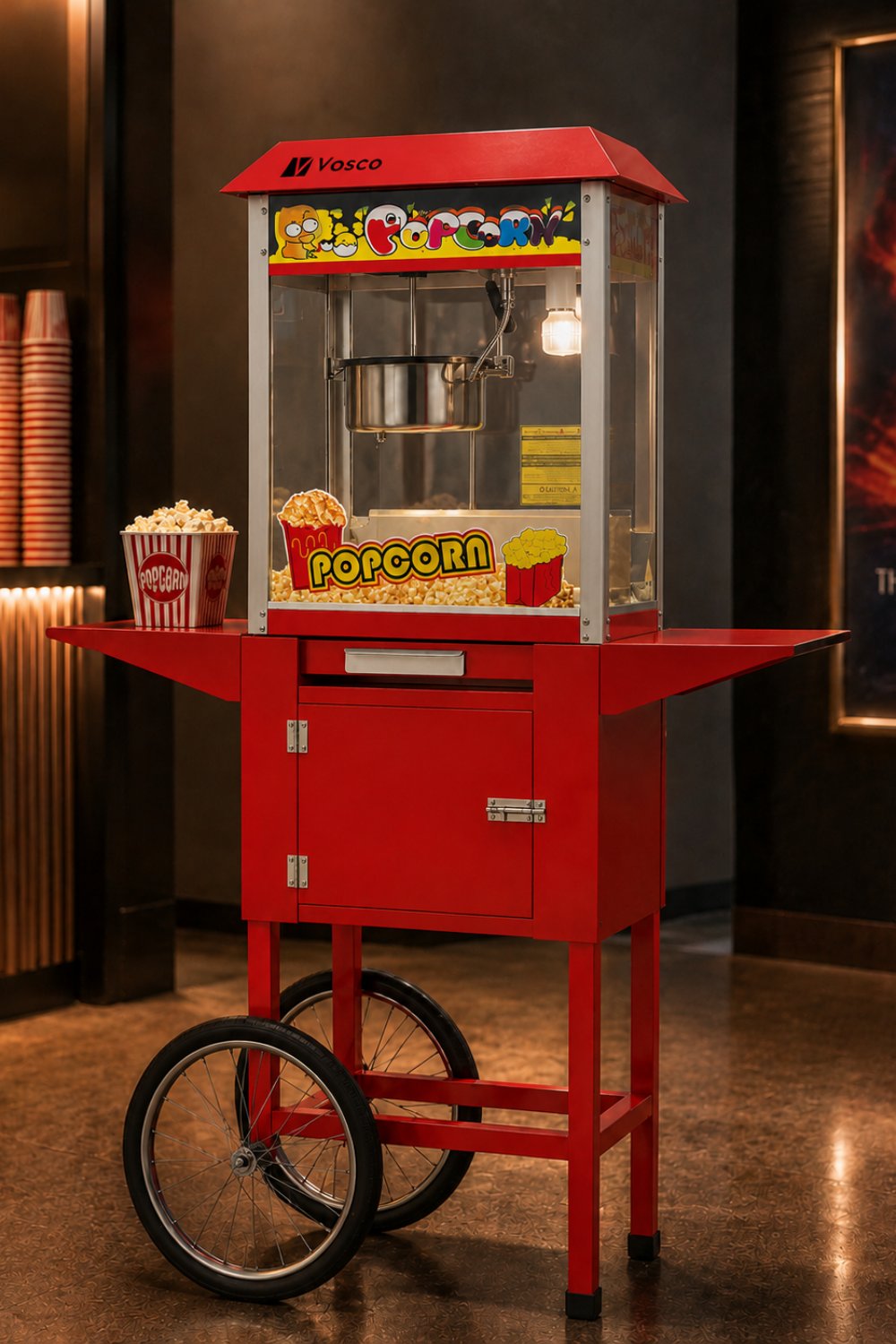 Vosco Arabalı Otomatik Patlamış Mısır Makinesi - Profesyonel Popcorn Makinesi 1600W
