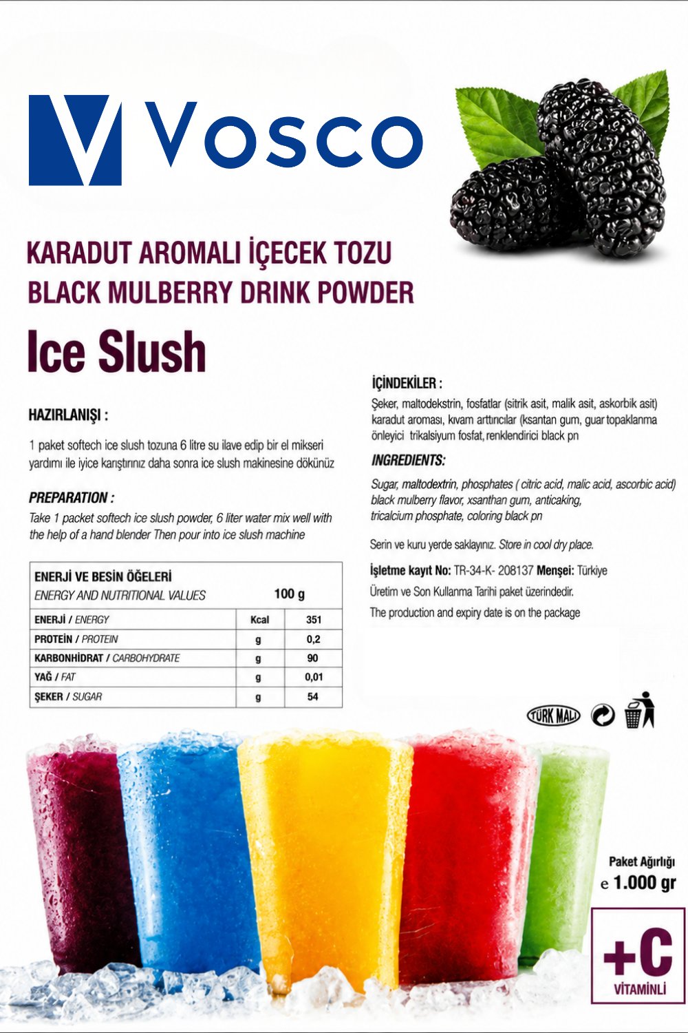 Vosco Karadut Aromalı Buzlaş (Ice Slush) Tozu 1 Kg (+C Vitaminli) - Profesyonel Frozen İçecek Karışımı