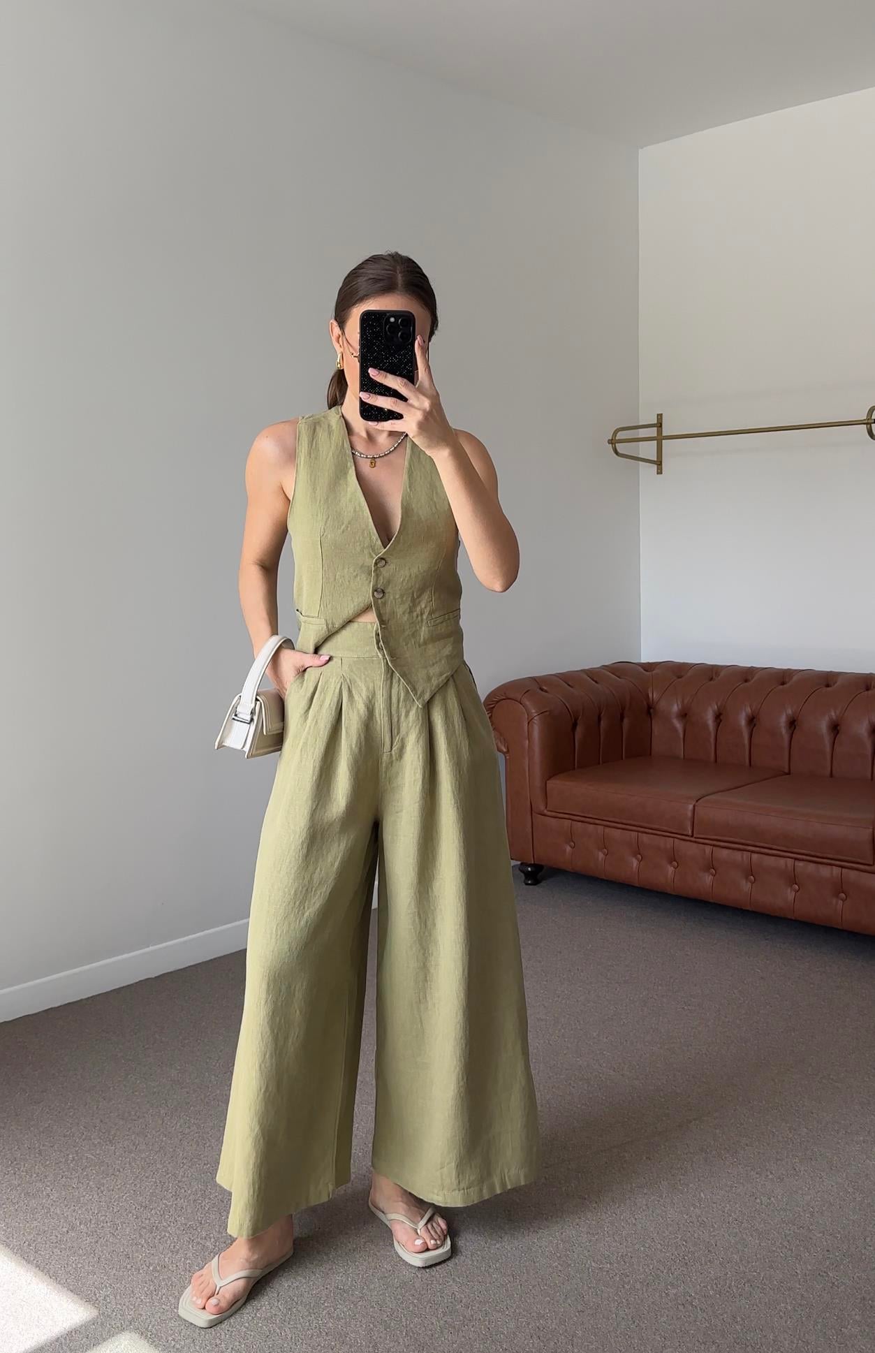 %100 HAM KETEN MARKA MODEL YEŞİL PANTOLON