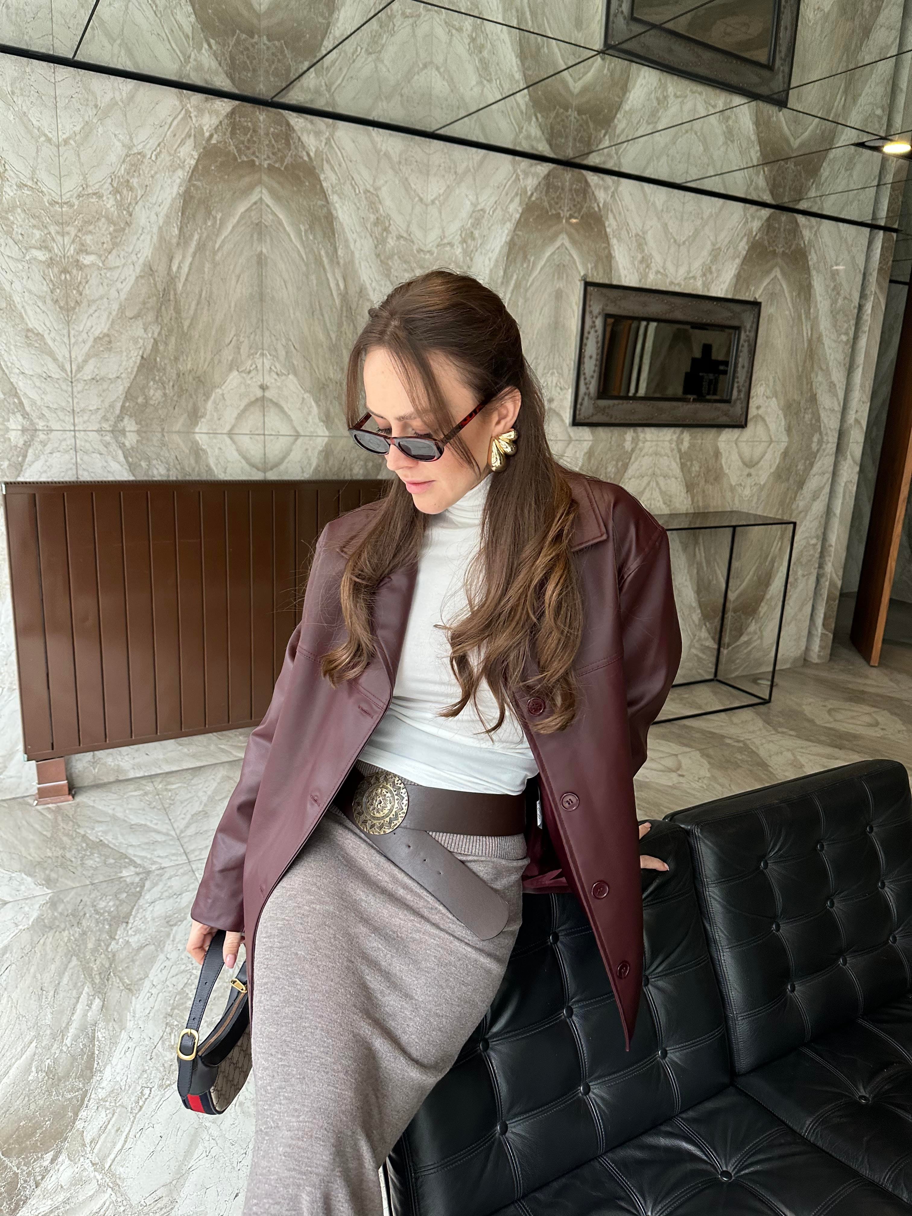 BORDO DÜĞMELİ DERİ BLAZER CEKET