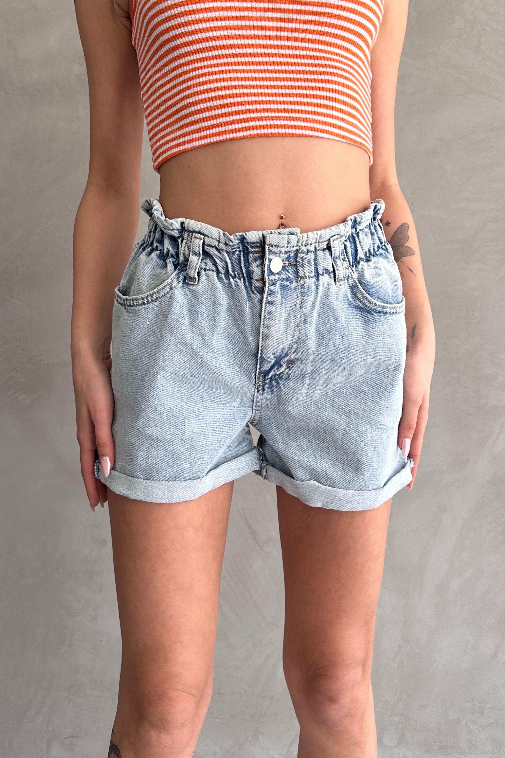 Beli Lastikli Pileli Duble Paça Denim Şort 