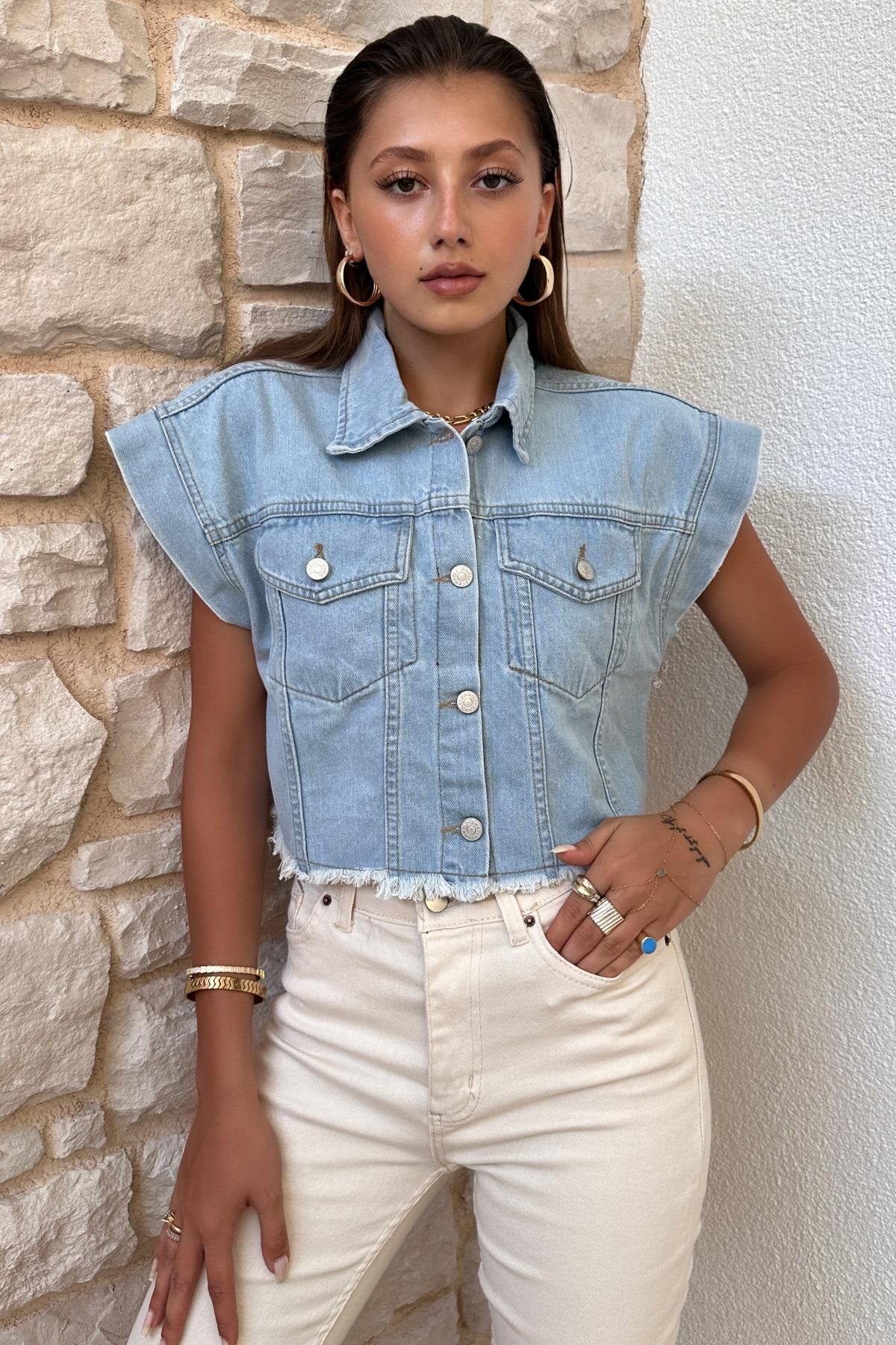 Kadın Etek Ucu Püsküllü Denim Yelek