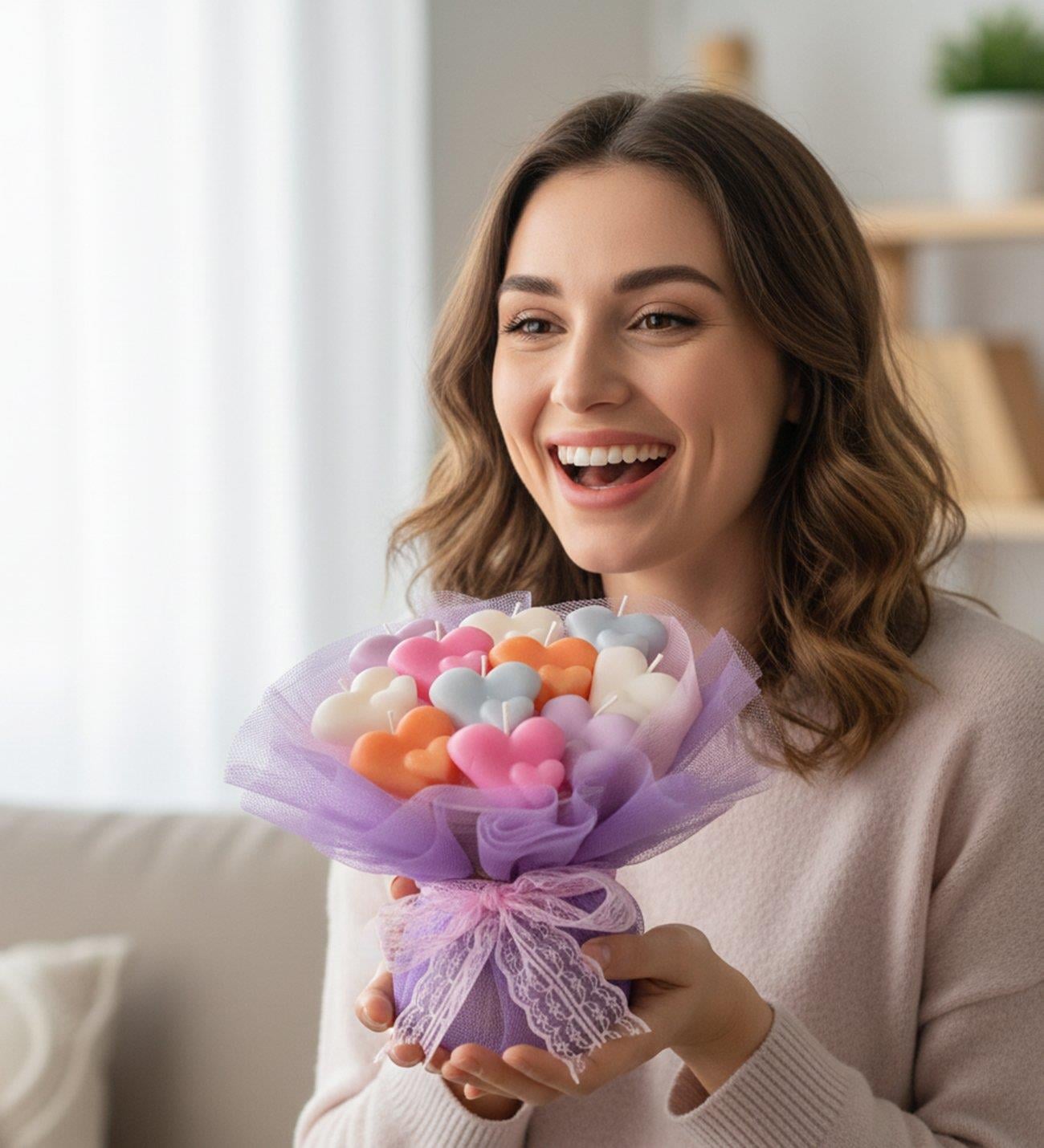 Premium El Emeği Renkli Çift Kalpler Mum Buketi