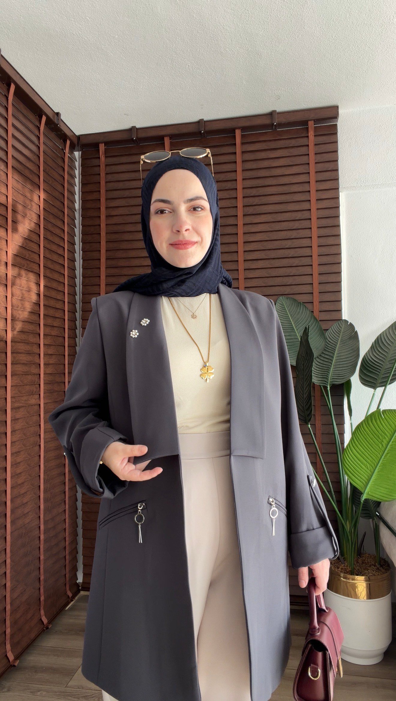 ANTRASİT GRİ ŞAL YAKA CEBİ FERMUAR DETAYLI CEKET 