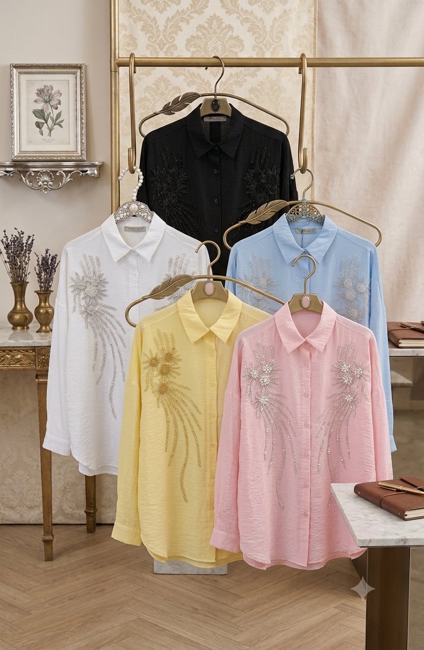 BEYAZ Güneş Sarmaşığı İşlemeli Gömlek