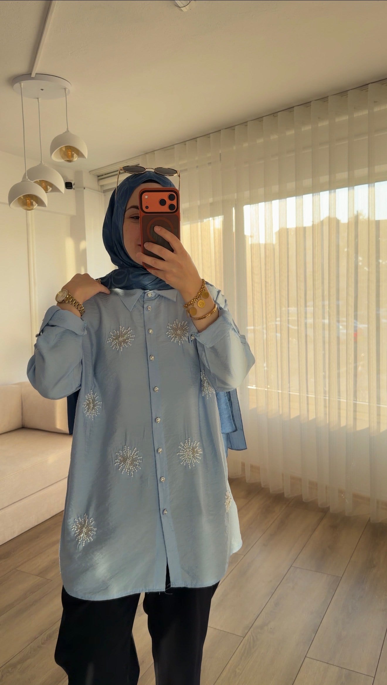 MAVİ İNCİ İŞLEMELİ COTTON  GÖMLEK 