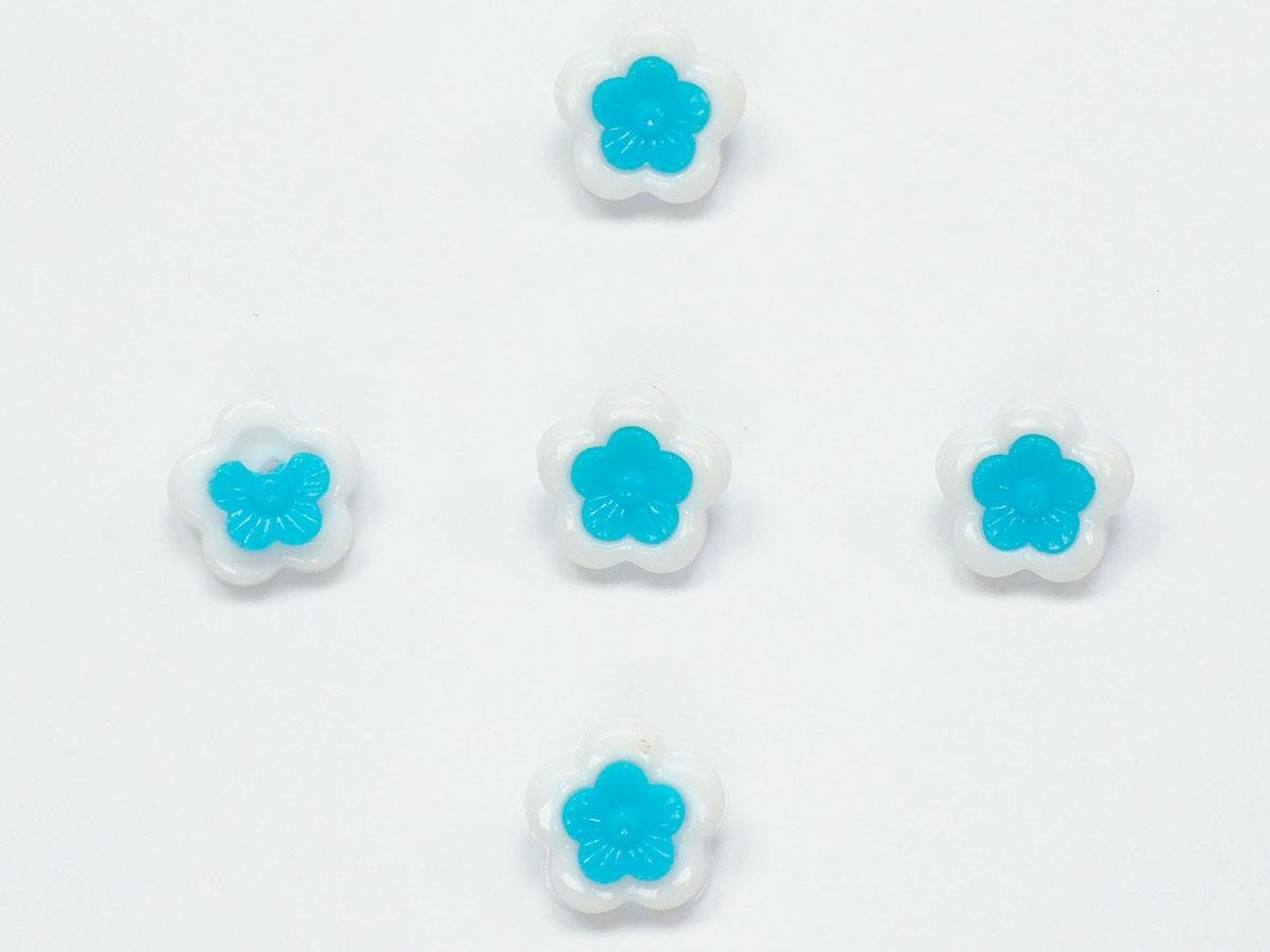 5 Flower Figure Buttons White, Turquoise 15mm long