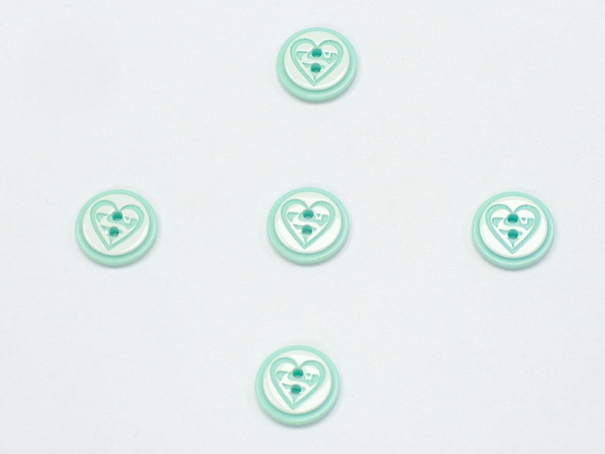 5 Heart Figure Buttons Mint Green, White 15mm long