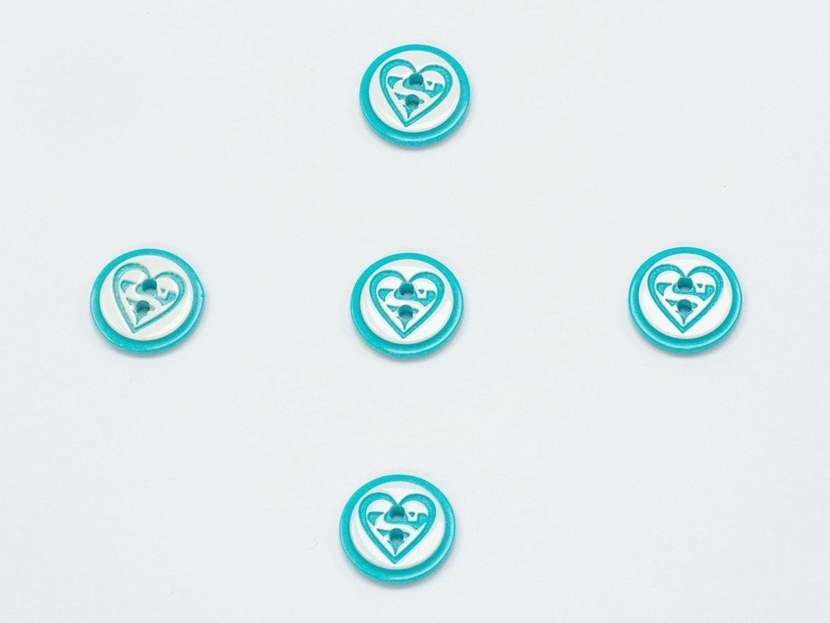 5 Heart Figure Buttons Turquoise, White 15mm long