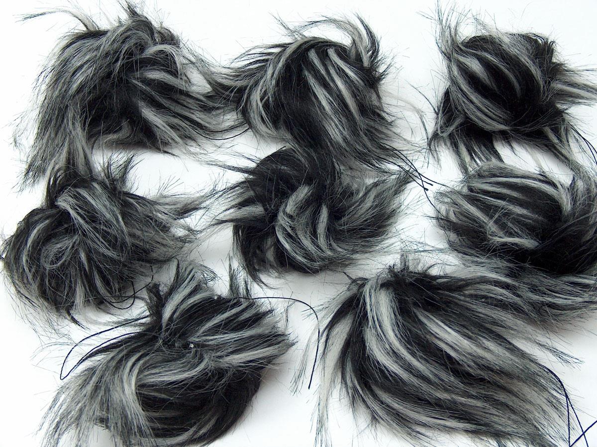 8 Faux Fur PomPoms Black, White, Grey