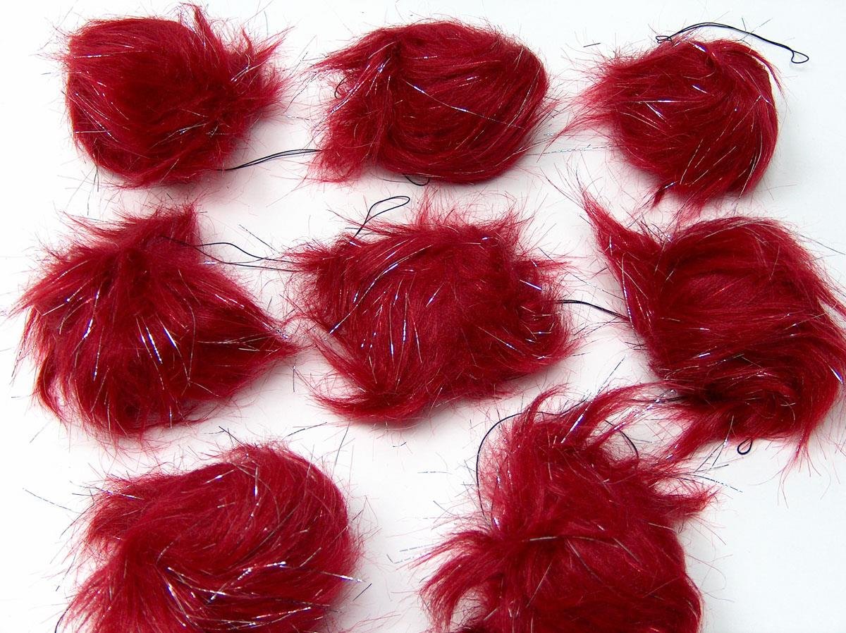 8 Faux Fur PomPoms Red