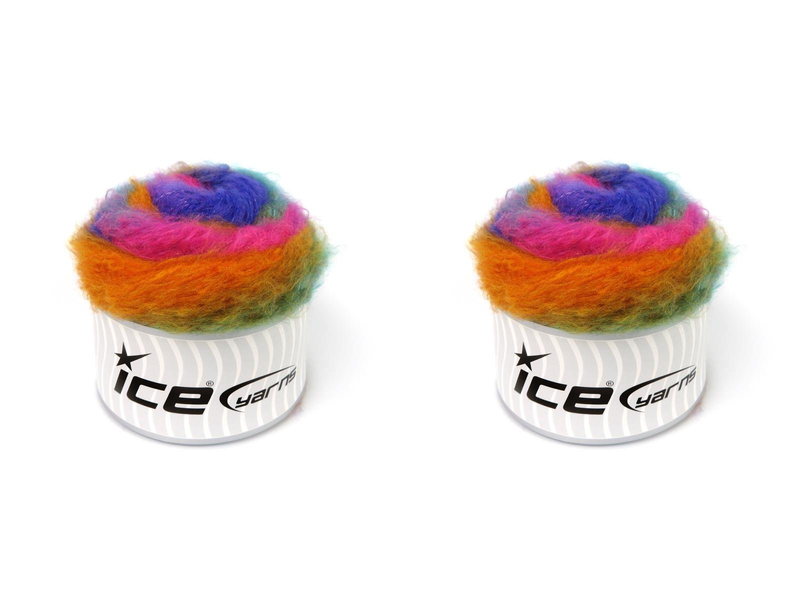 Lot of 2 x 150gr Skeins Ice Yarns CAKES FANCY MOHAIR (15% Mohair) Yarn Purple Fuchsia Green Gold