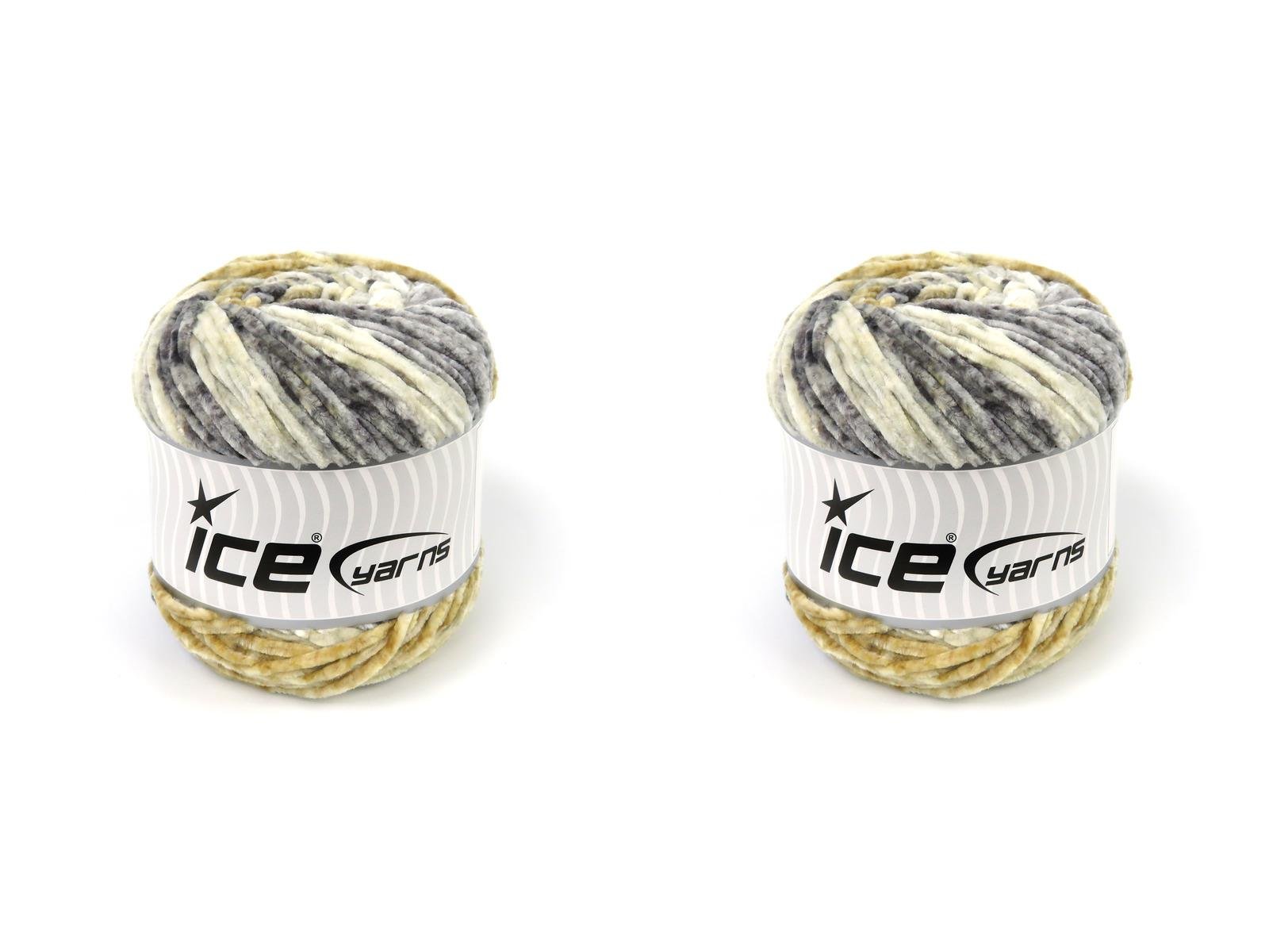 Lot of 2 x 150gr Skeins Ice Yarns CHENILLE SPLASH (100% MicroFiber) Yarn Grey Shades Cream Shades