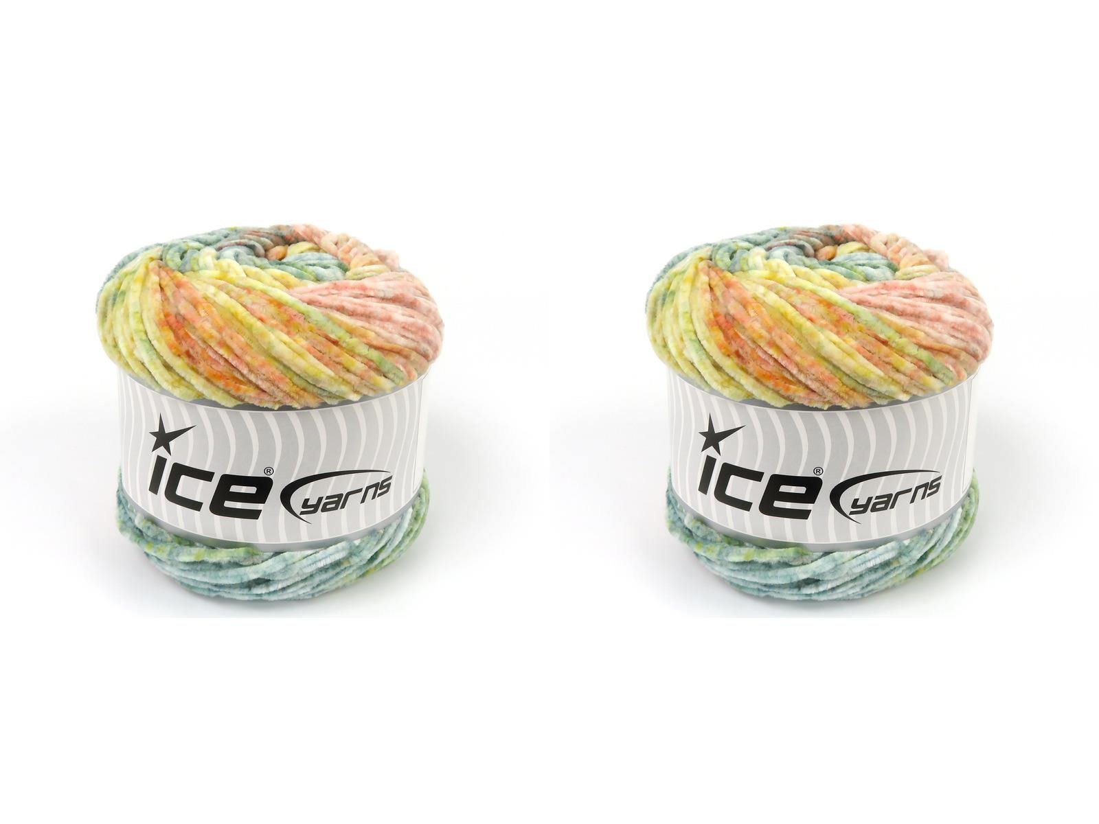 Lot of 2 x 150gr Skeins Ice Yarns CHENILLE SPLASH (100% MicroFiber) Yarn Green Shades Salmon Shades Yellow Shades