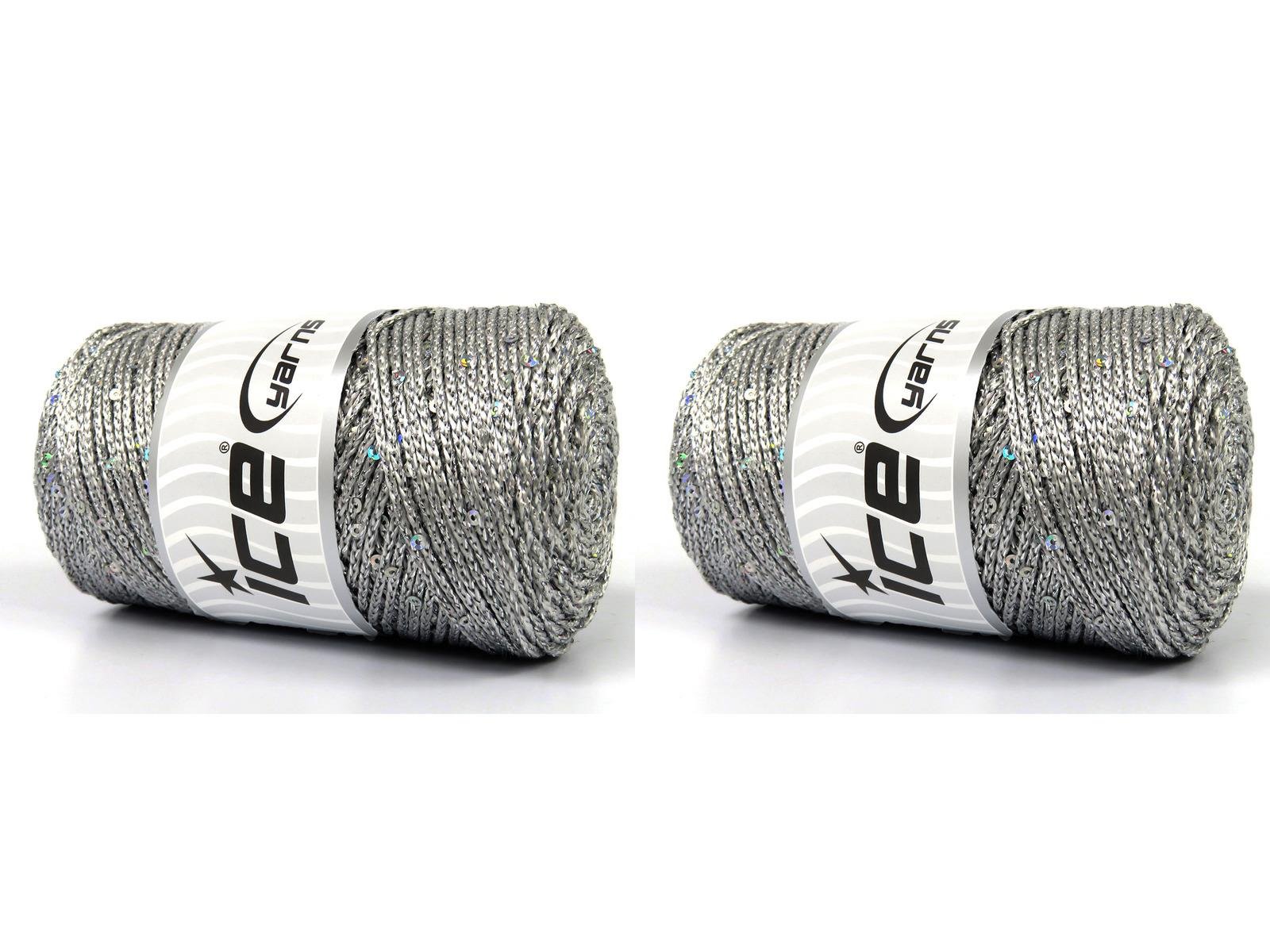 Lot of 2 x 200gr Skeins Ice Yarns MACRAME GLITZ PAILLETTE (10% Paillette) Yarn Silver Grey