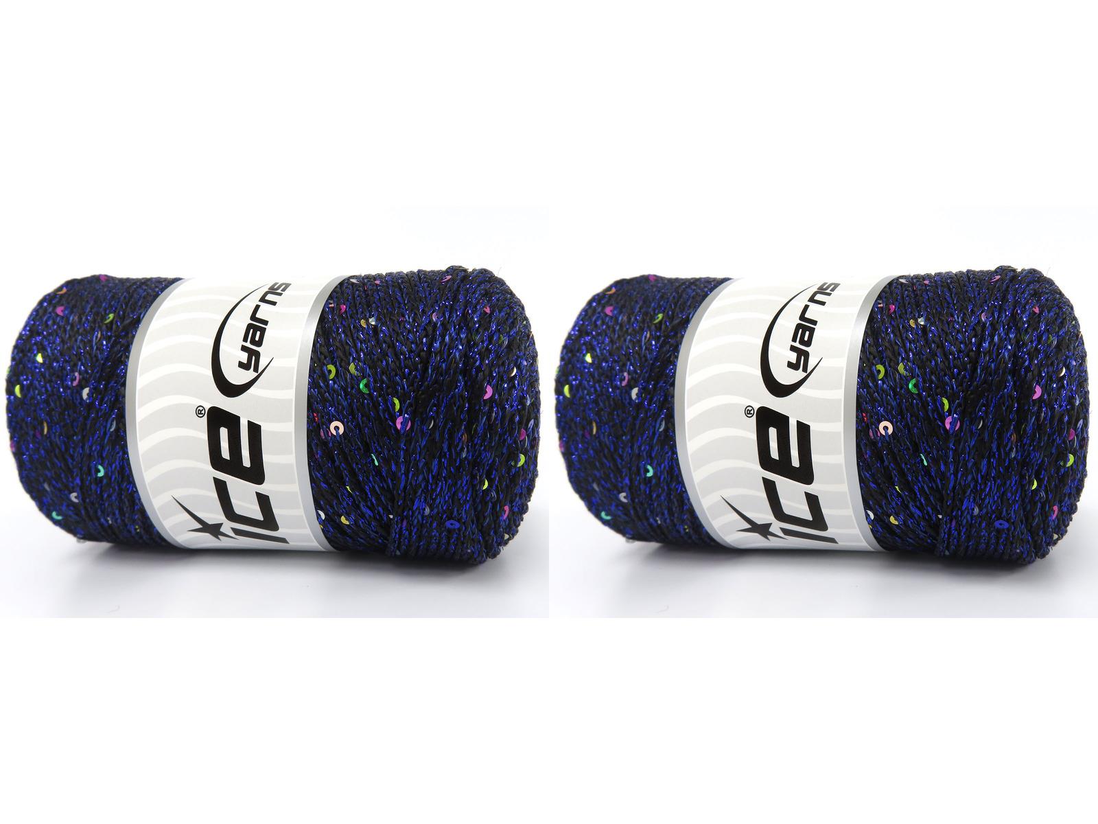 Lot of 2 x 200gr Skeins Ice Yarns MACRAME GLITZ PAILLETTE (10% Paillette) Yarn Black Blue