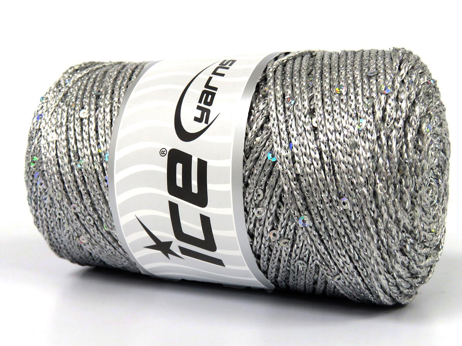 Lot of 2 x 200gr Skeins Ice Yarns MACRAME GLITZ PAILLETTE (10% Paillette) Yarn Silver Grey