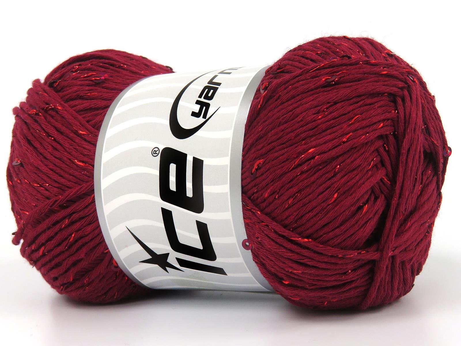 Lot of 3 x 100gr Skeins Ice Yarns NATURAL COTTON PAILLETTE (85%Cotton 5% Paillette) Yarn Burgundy